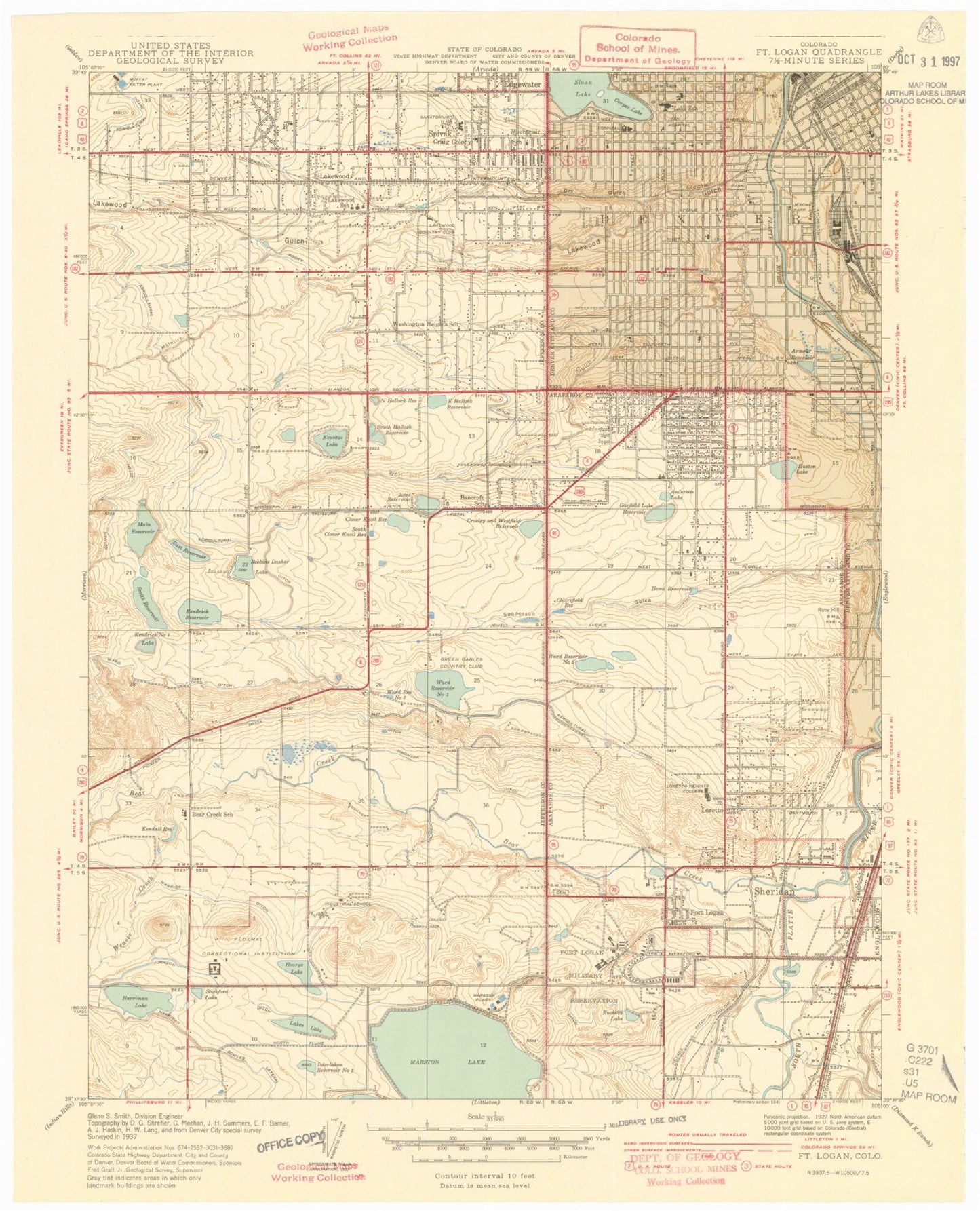 Classic USGS Fort Logan Colorado 7.5'x7.5' Topo Map Image