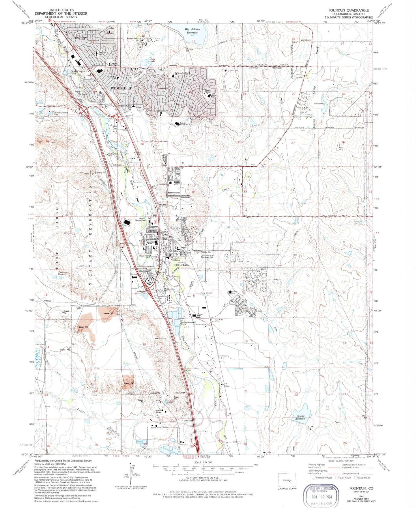 Classic USGS Fountain Colorado 7.5'x7.5' Topo Map Image
