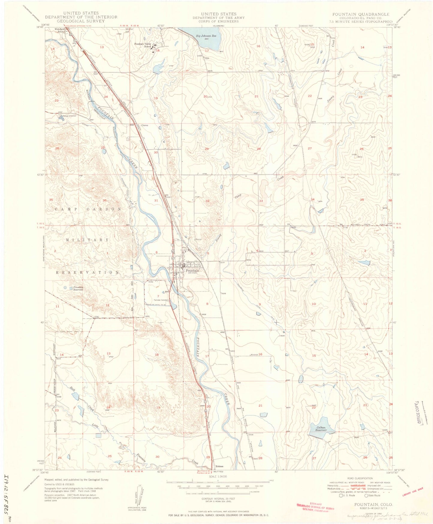 Classic USGS Fountain Colorado 7.5'x7.5' Topo Map Image