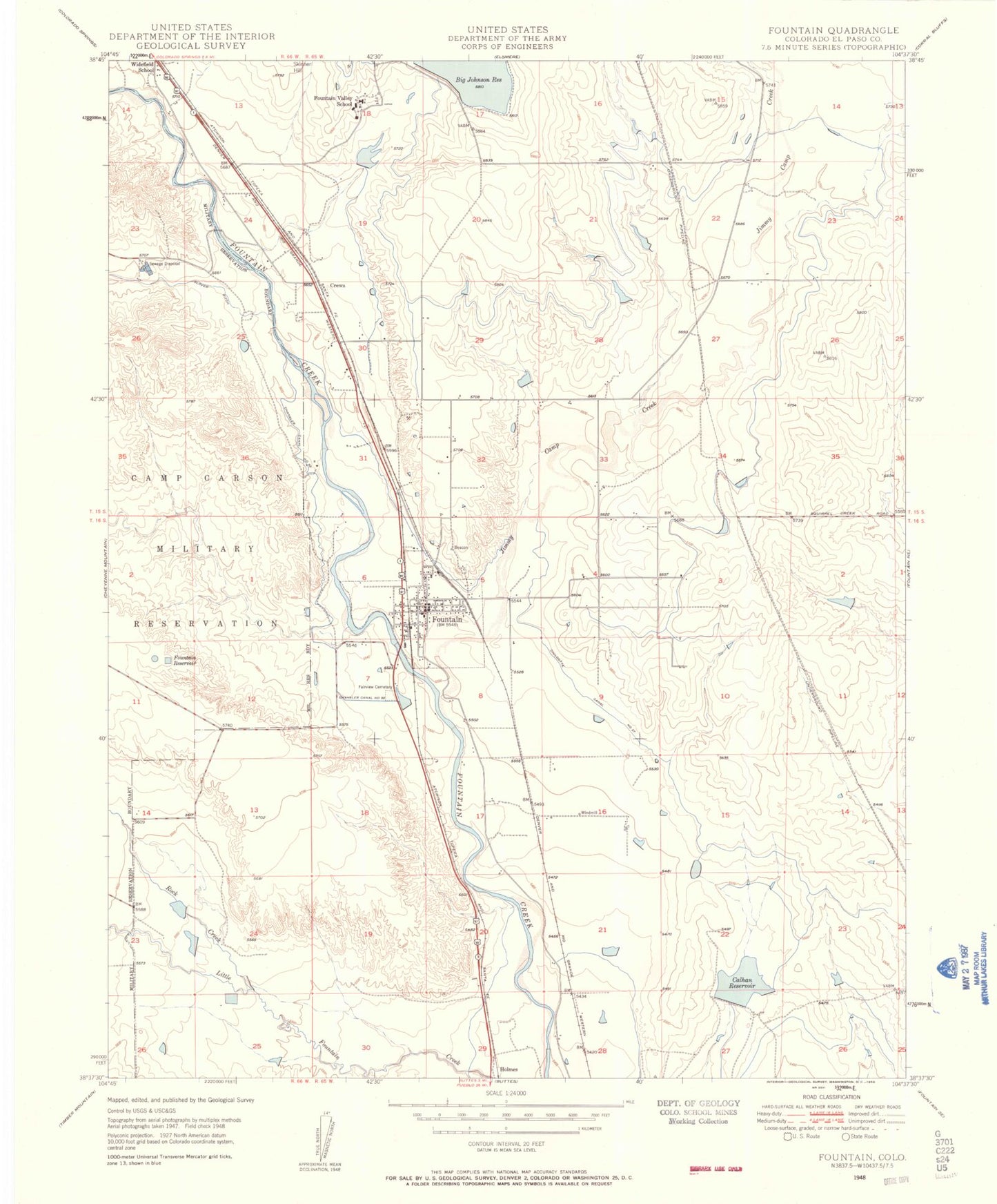 Classic USGS Fountain Colorado 7.5'x7.5' Topo Map Image