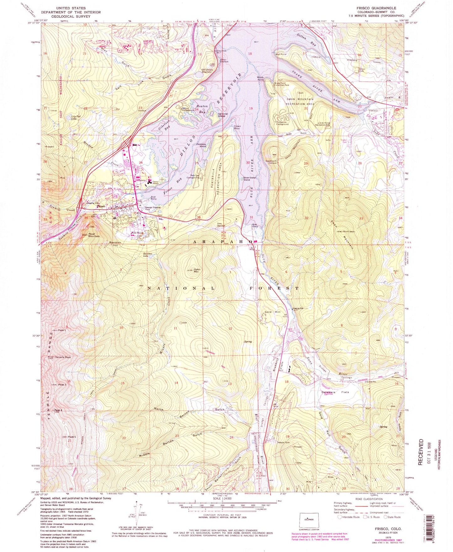 Classic USGS Frisco Colorado 7.5'x7.5' Topo Map Image
