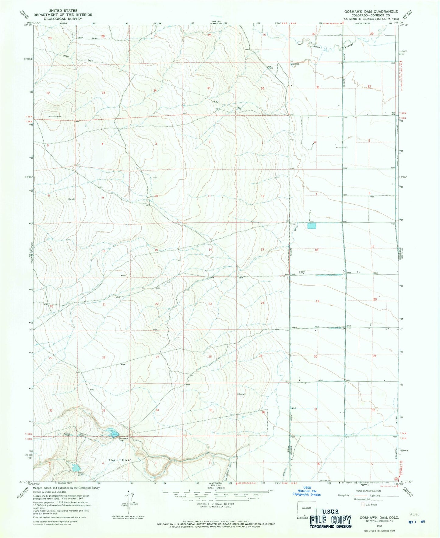 Classic USGS Goshawk Dam Colorado 7.5'x7.5' Topo Map Image
