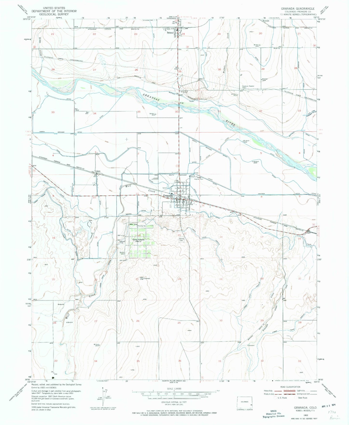Classic USGS Granada Colorado 7.5'x7.5' Topo Map Image