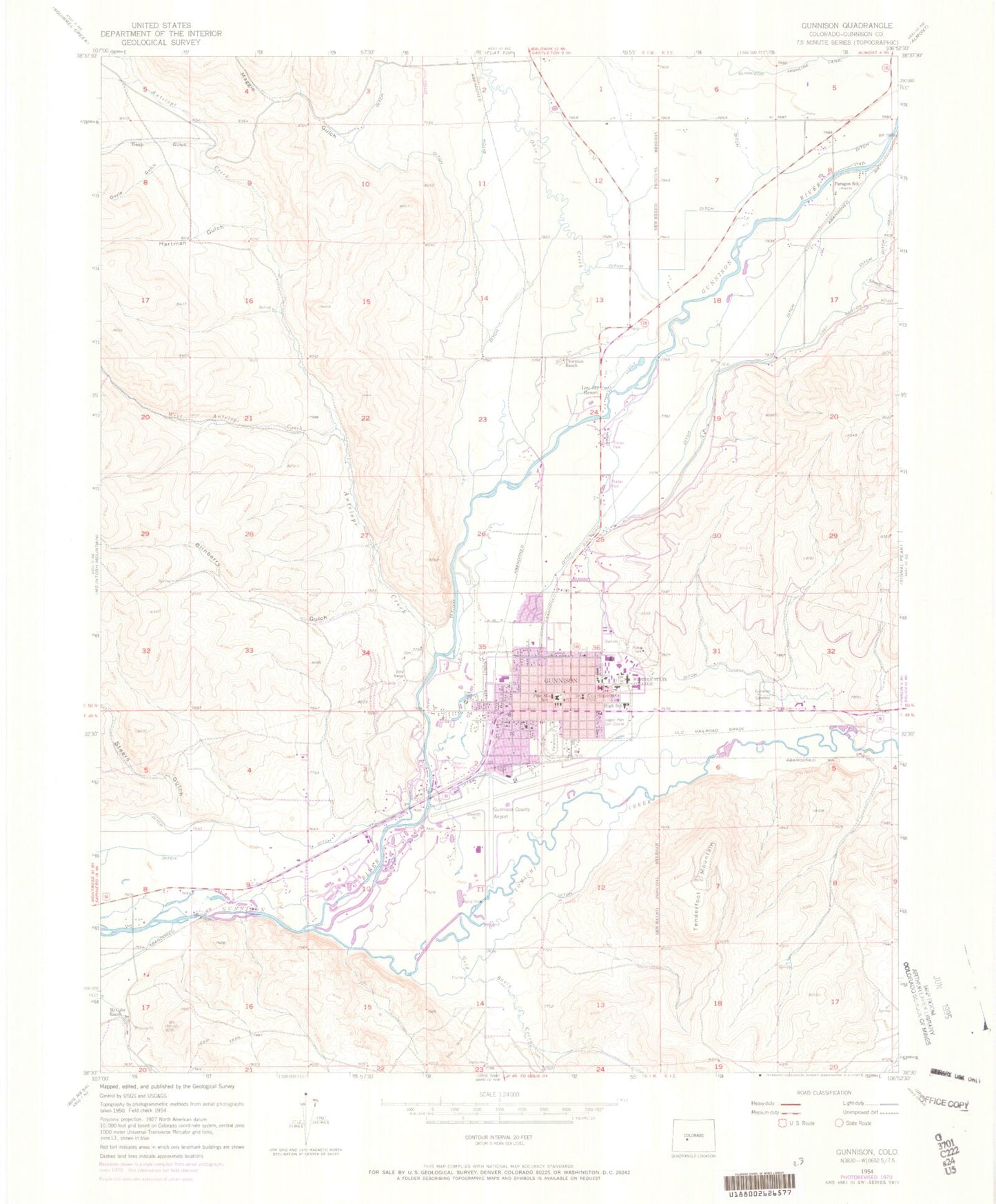Classic USGS Gunnison Colorado 7.5'x7.5' Topo Map Image