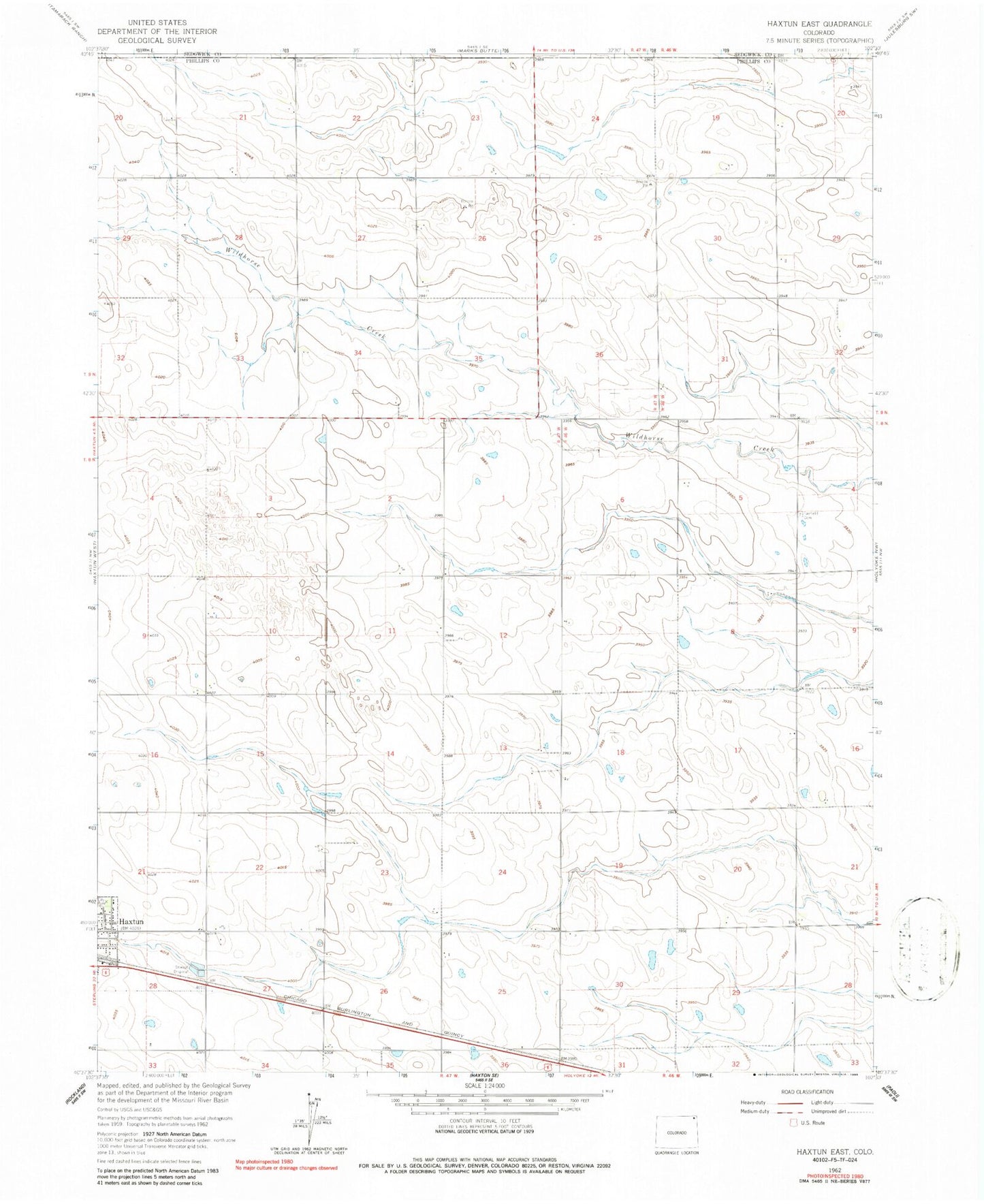 Classic USGS Haxtun East Colorado 7.5'x7.5' Topo Map Image