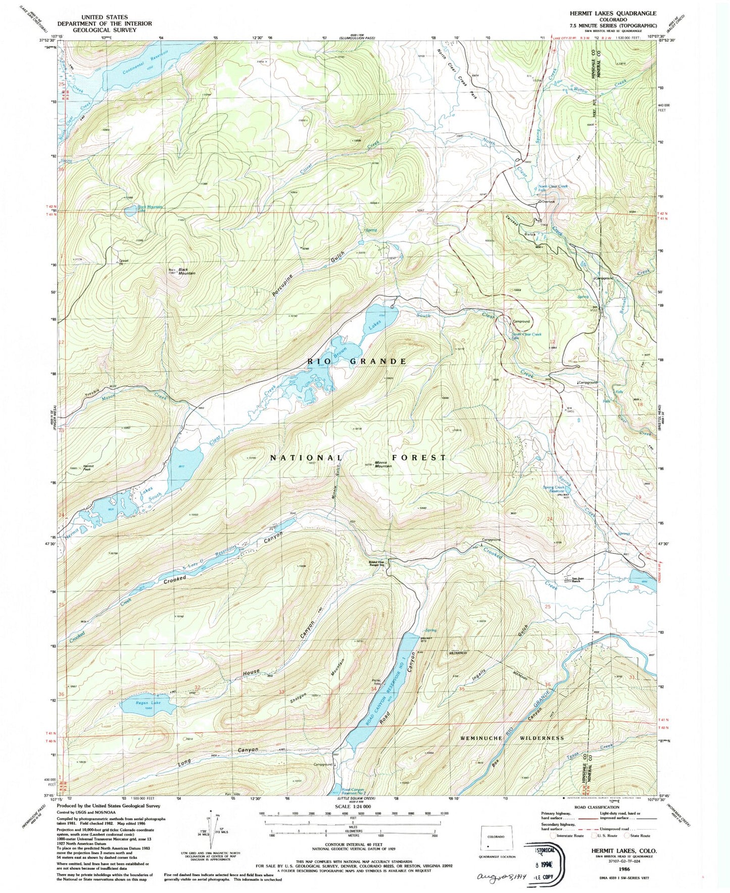 Classic USGS Hermit Lakes Colorado 7.5'x7.5' Topo Map Image