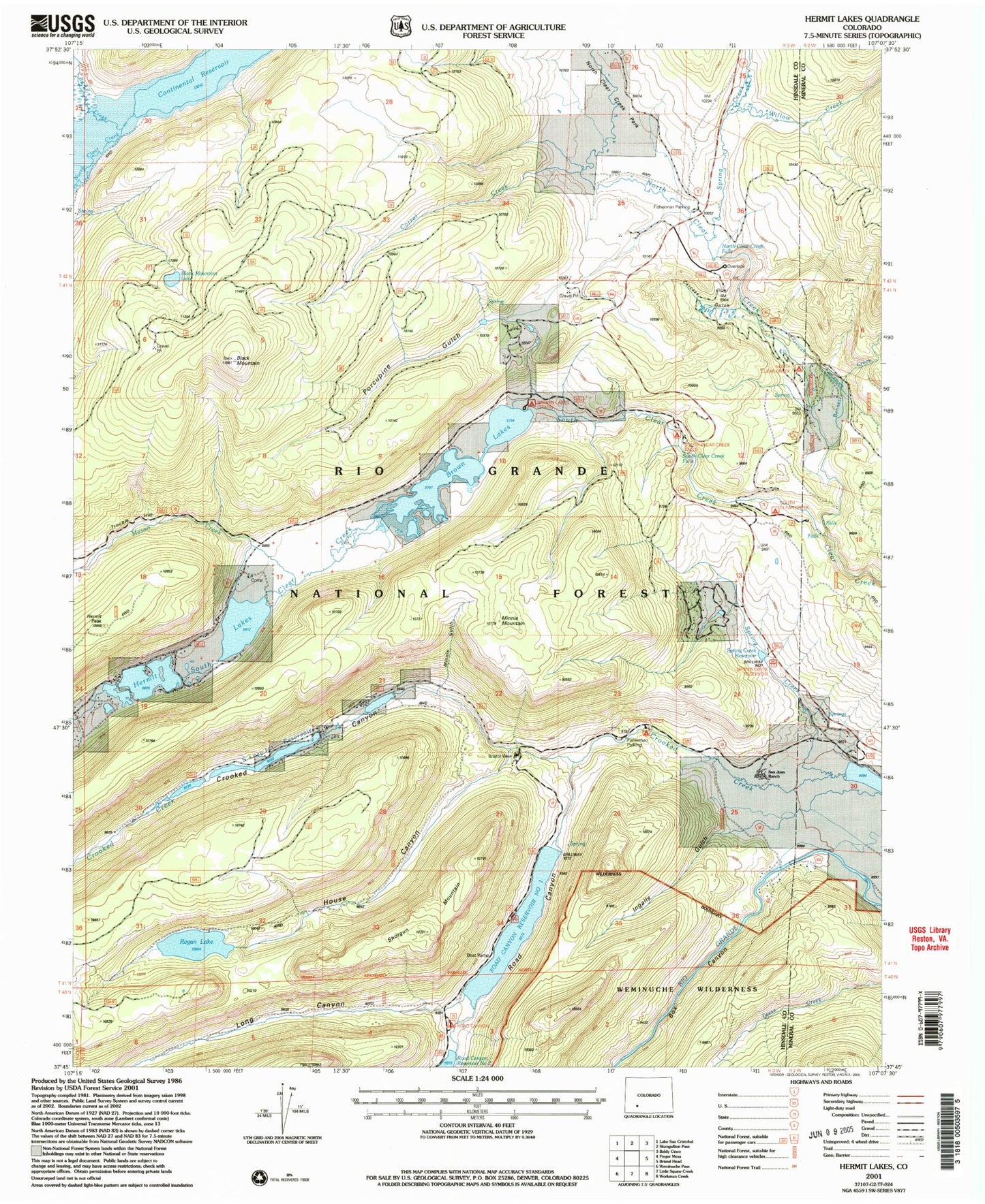 Classic USGS Hermit Lakes Colorado 7.5'x7.5' Topo Map Image