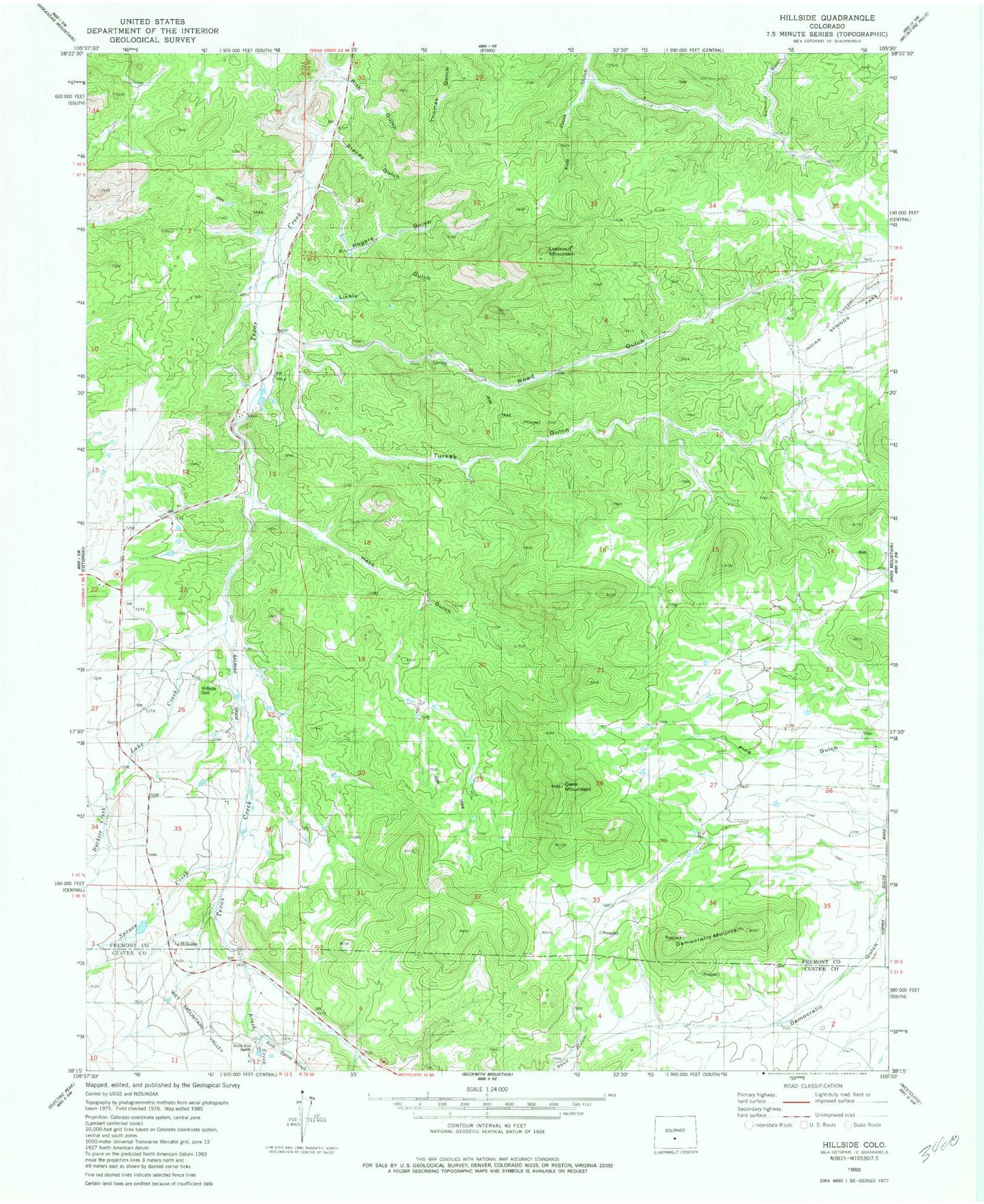 Classic USGS Hillside Colorado 7.5'x7.5' Topo Map Image