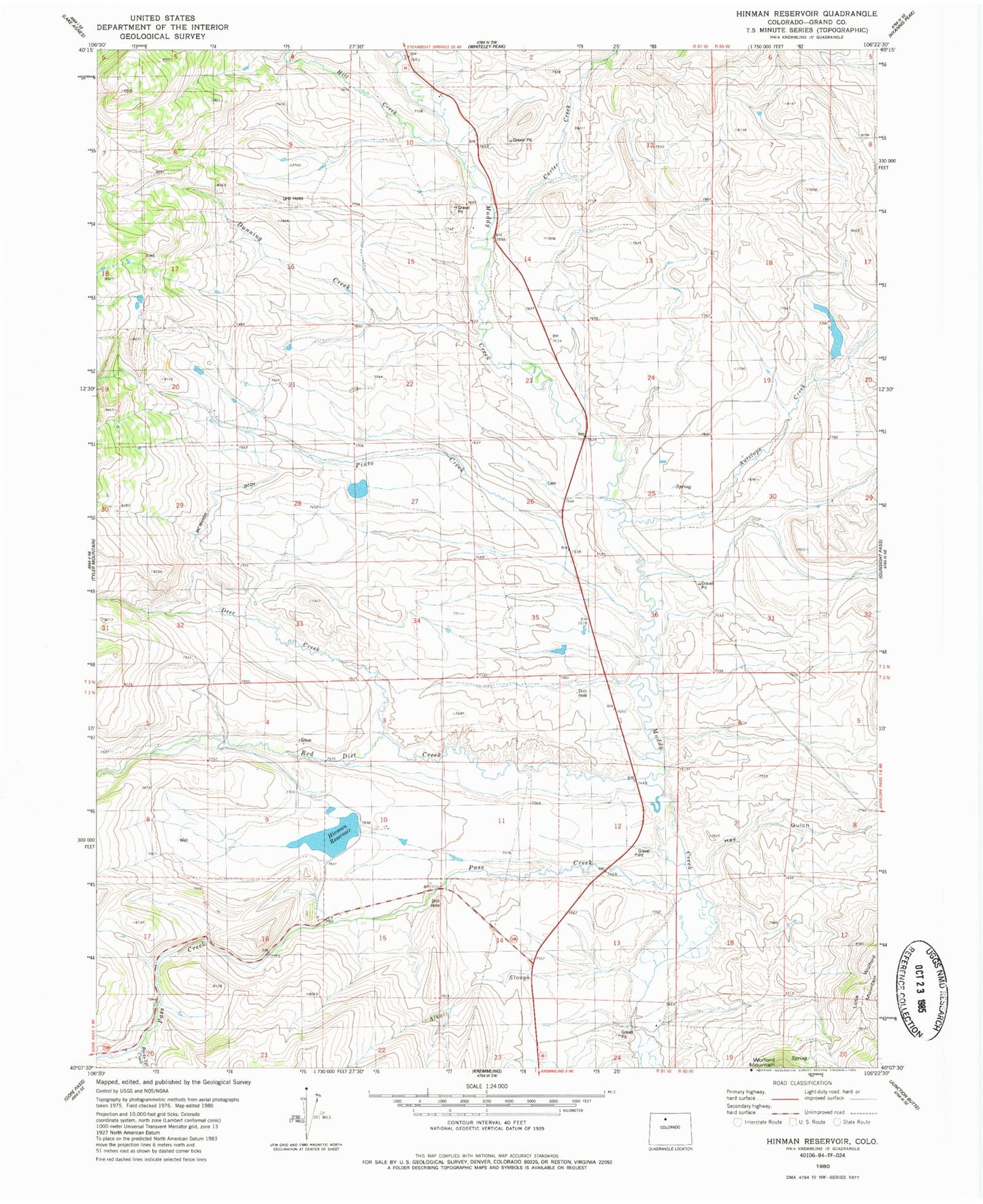 Classic USGS Hinman Reservoir Colorado 7.5'x7.5' Topo Map Image