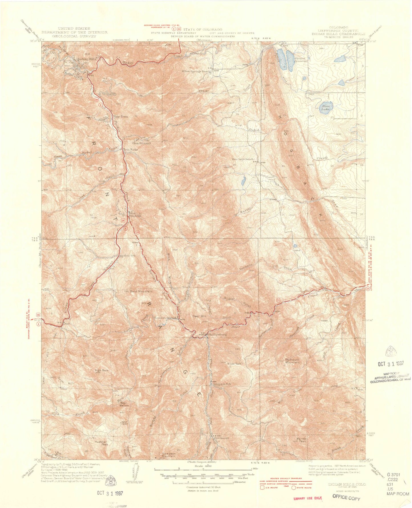 Classic USGS Indian Hills Colorado 7.5'x7.5' Topo Map Image