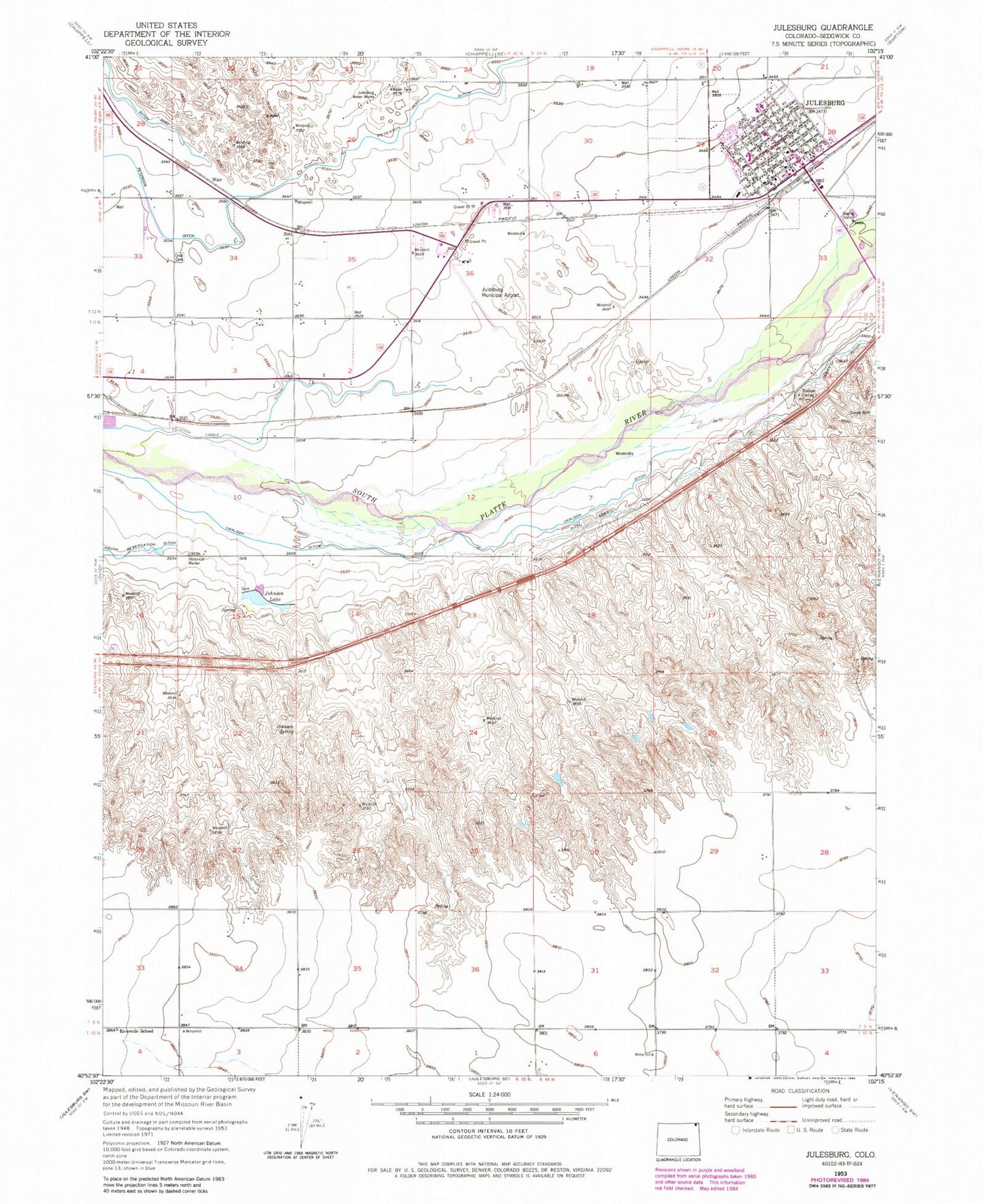 Classic USGS Julesburg Colorado 7.5'x7.5' Topo Map Image