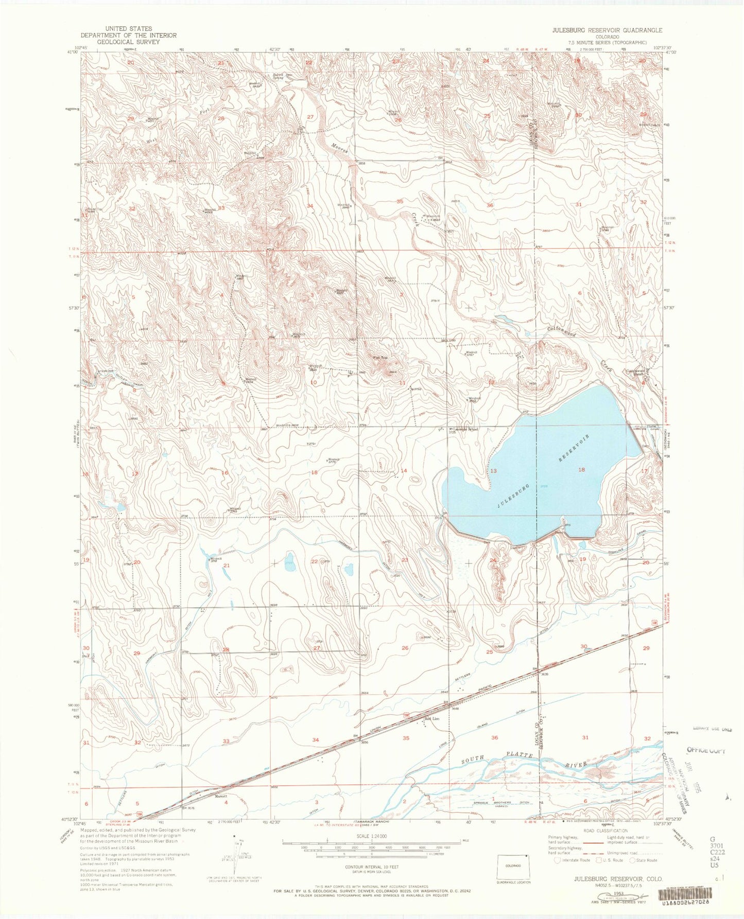 Classic USGS Julesburg Reservoir Colorado 7.5'x7.5' Topo Map Image