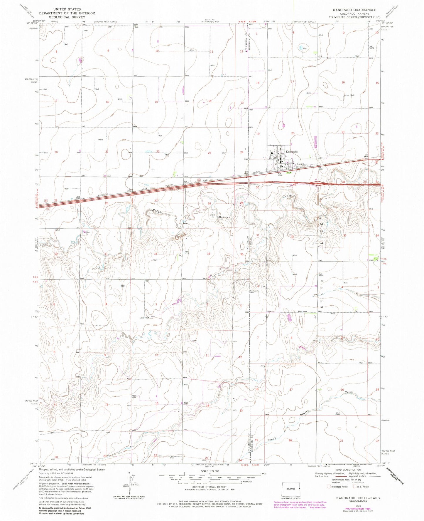 Classic USGS Kanorado Kansas 7.5'x7.5' Topo Map Image