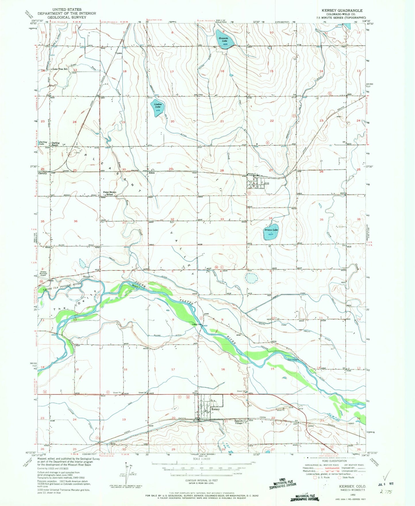 Classic USGS Kersey Colorado 7.5'x7.5' Topo Map Image