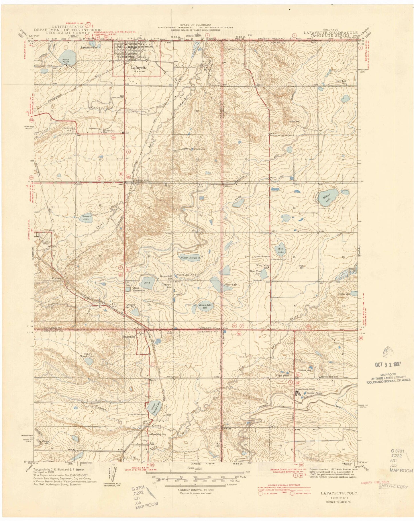 Classic USGS Lafayette Colorado 7.5'x7.5' Topo Map Image