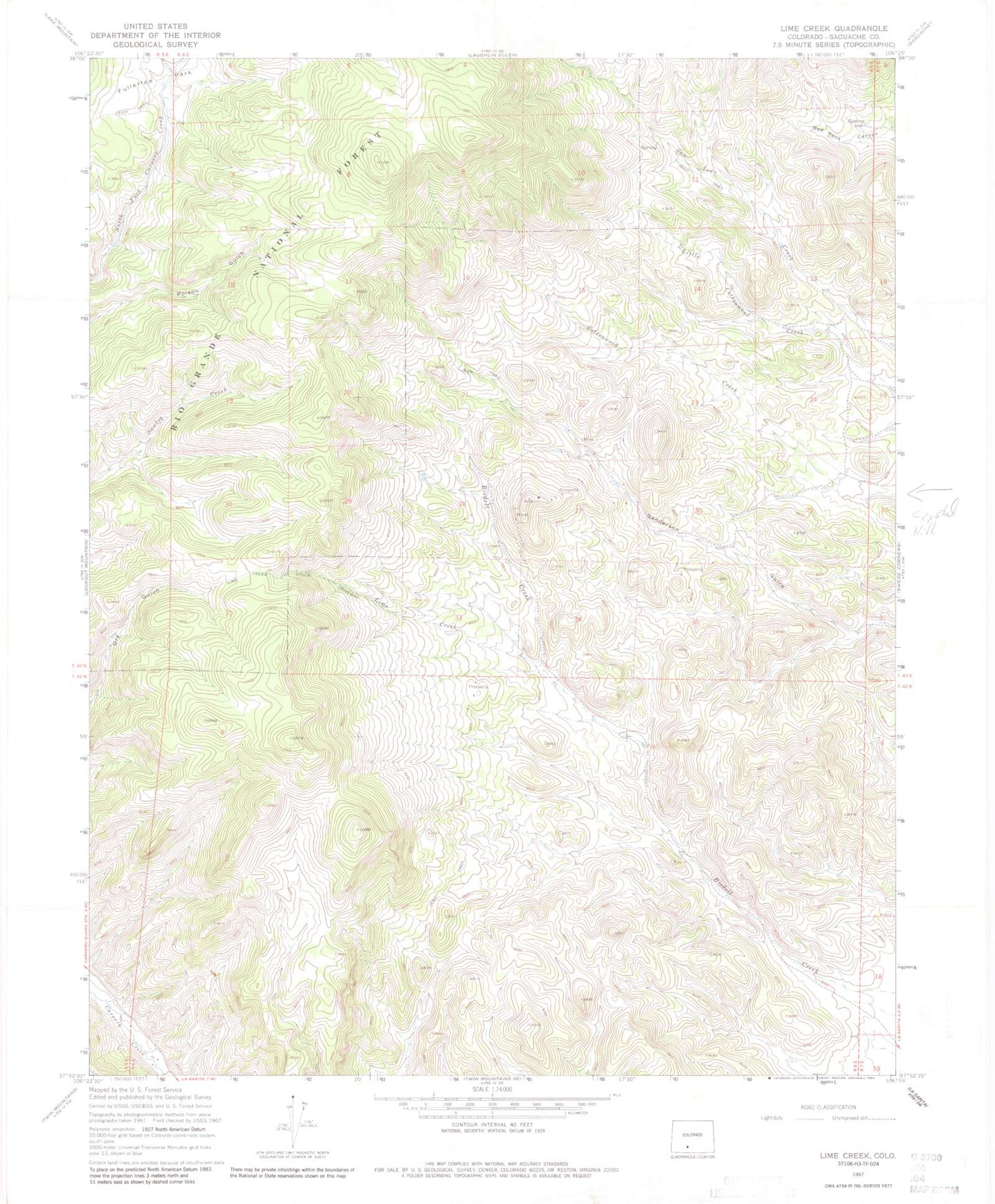 Classic USGS Lime Creek Colorado 7.5'x7.5' Topo Map Image
