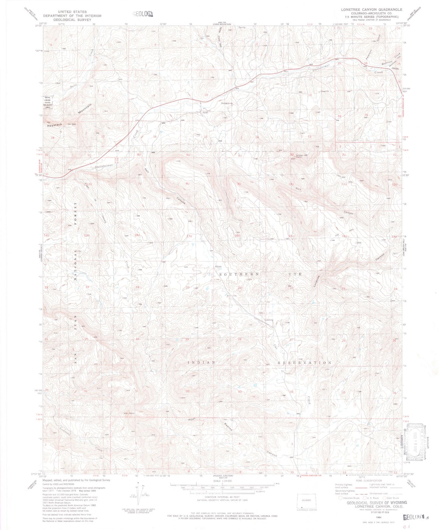 Classic USGS Lonetree Canyon Colorado 7.5'x7.5' Topo Map Image
