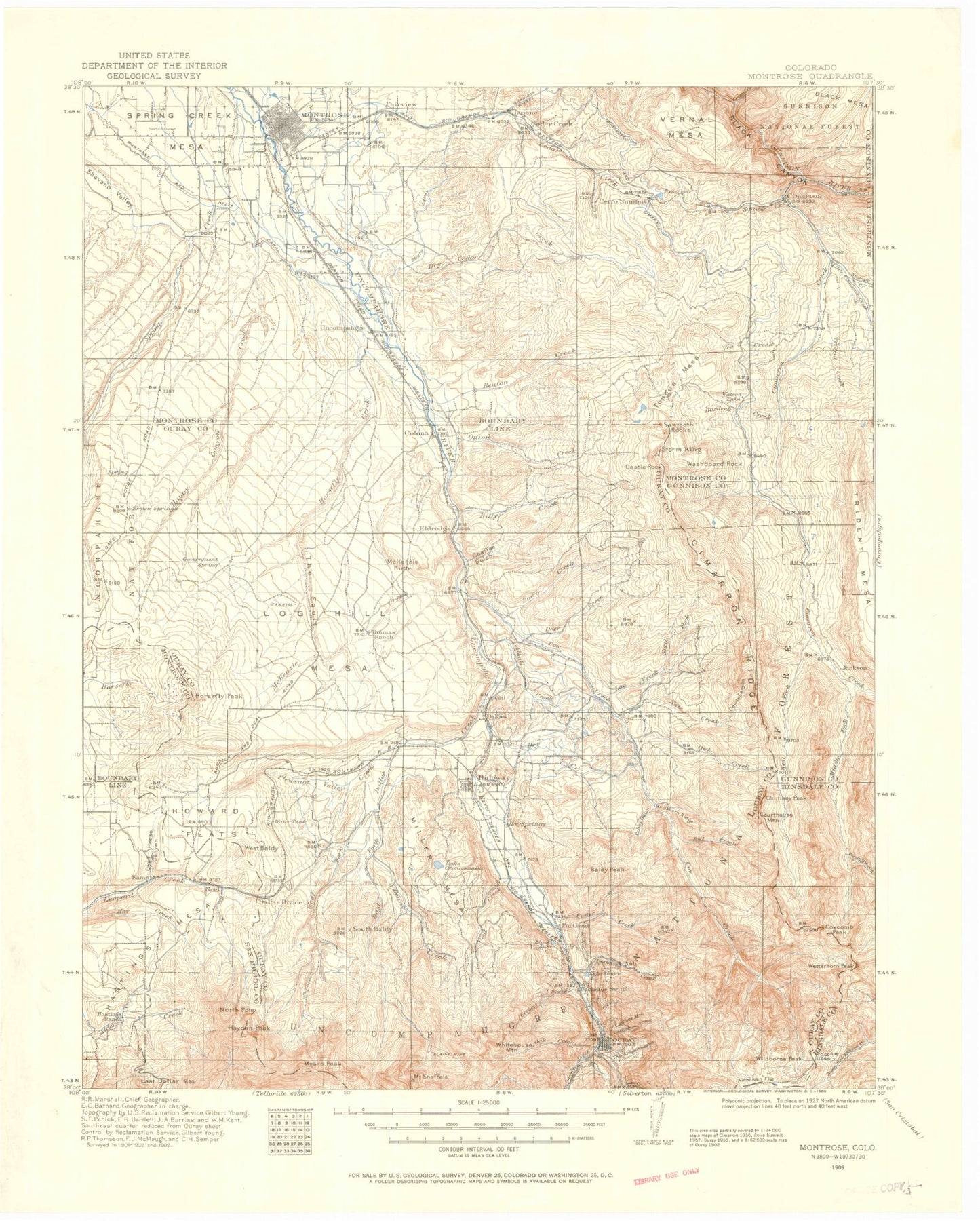 Historic 1909 Montrose Colorado 30'x30' Topo Map Image