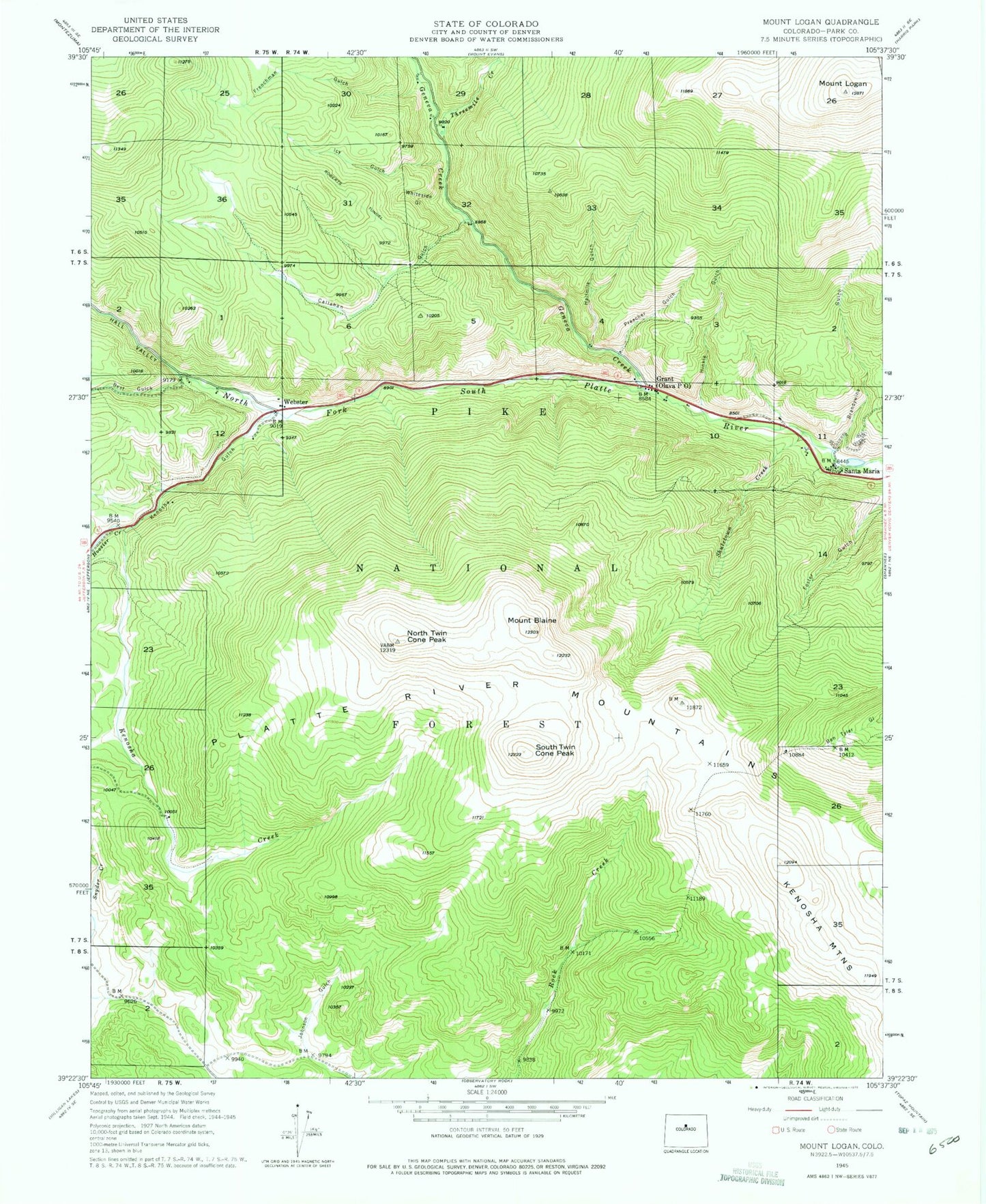 Classic USGS Mount Logan Colorado 7.5'x7.5' Topo Map Image