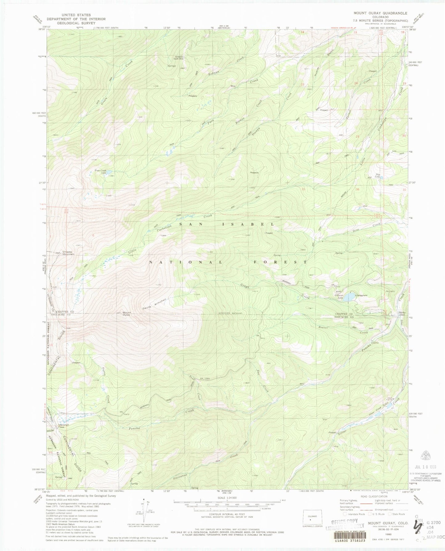 Classic USGS Mount Ouray Colorado 7.5'x7.5' Topo Map Image