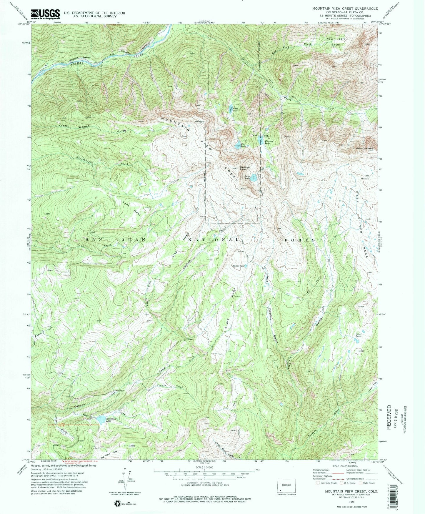 USGS Classic Mountain View Crest Colorado 7.5'x7.5' Topo Map Image