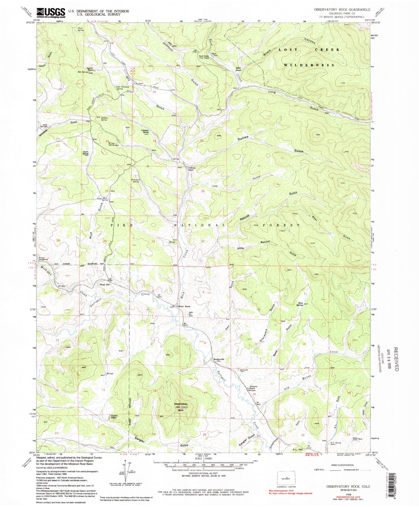 Classic USGS Observatory Rock Colorado 7.5'x7.5' Topo Map Image