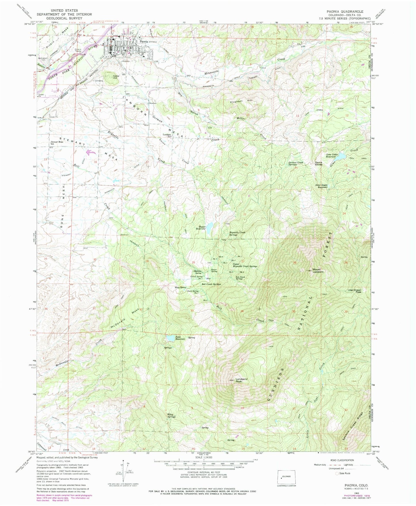 Classic USGS Paonia Colorado 7.5'x7.5' Topo Map Image
