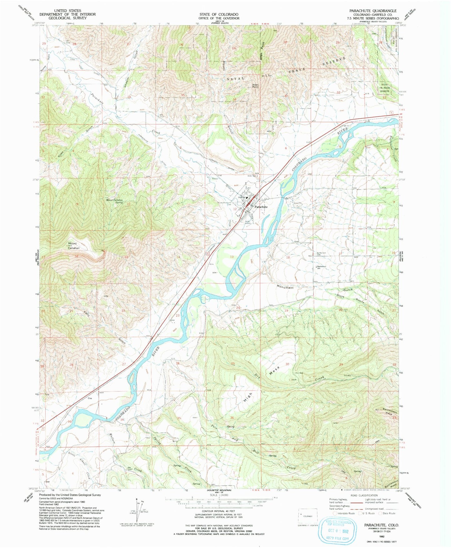 Classic USGS Parachute Colorado 7.5'x7.5' Topo Map Image