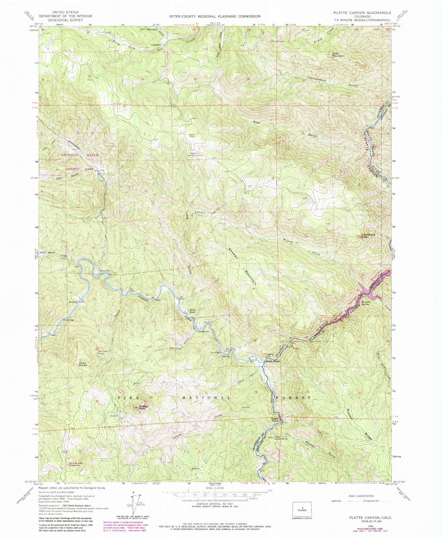 Classic USGS Platte Canyon Colorado 7.5'x7.5' Topo Map Image