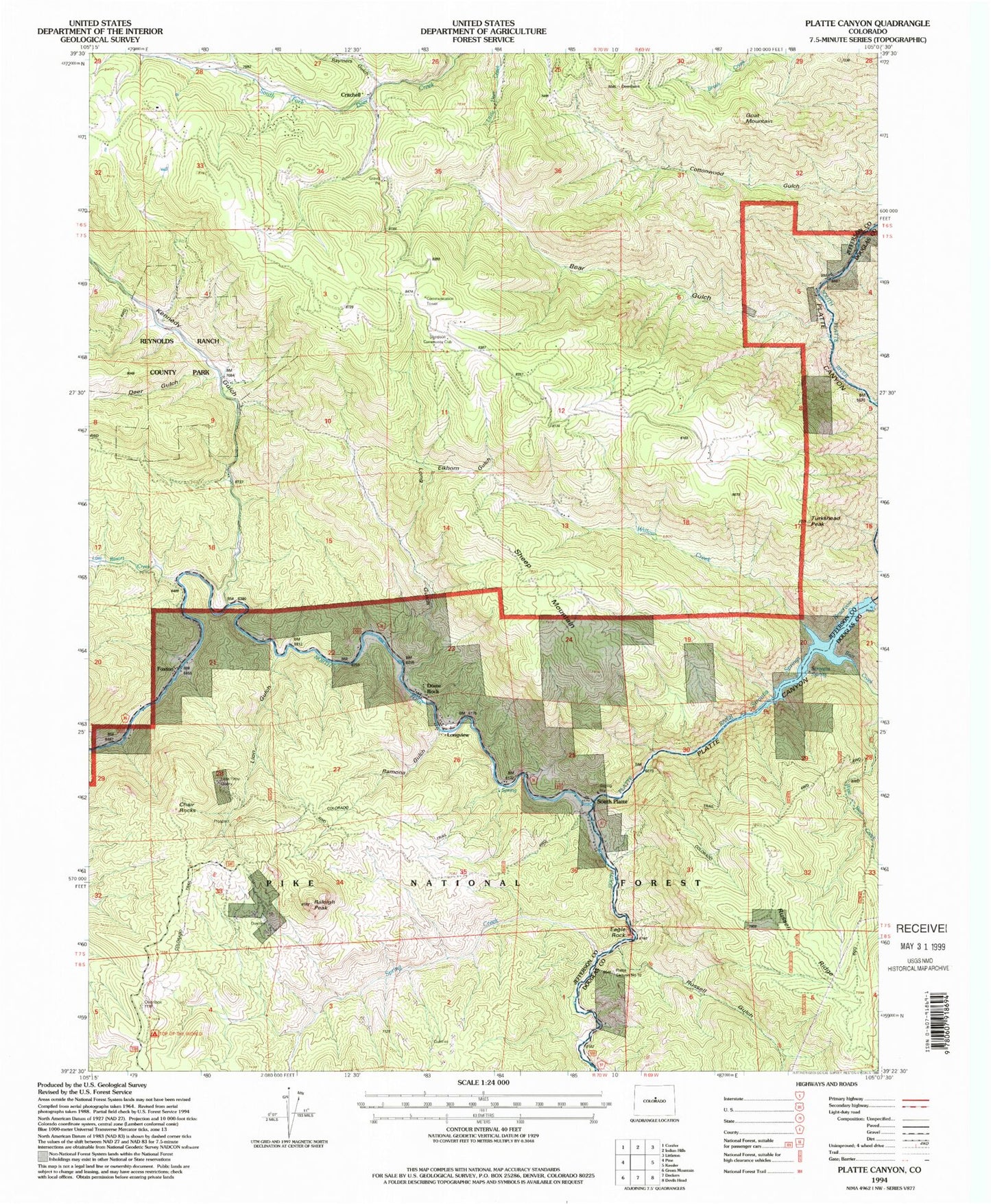 Classic USGS Platte Canyon Colorado 7.5'x7.5' Topo Map Image