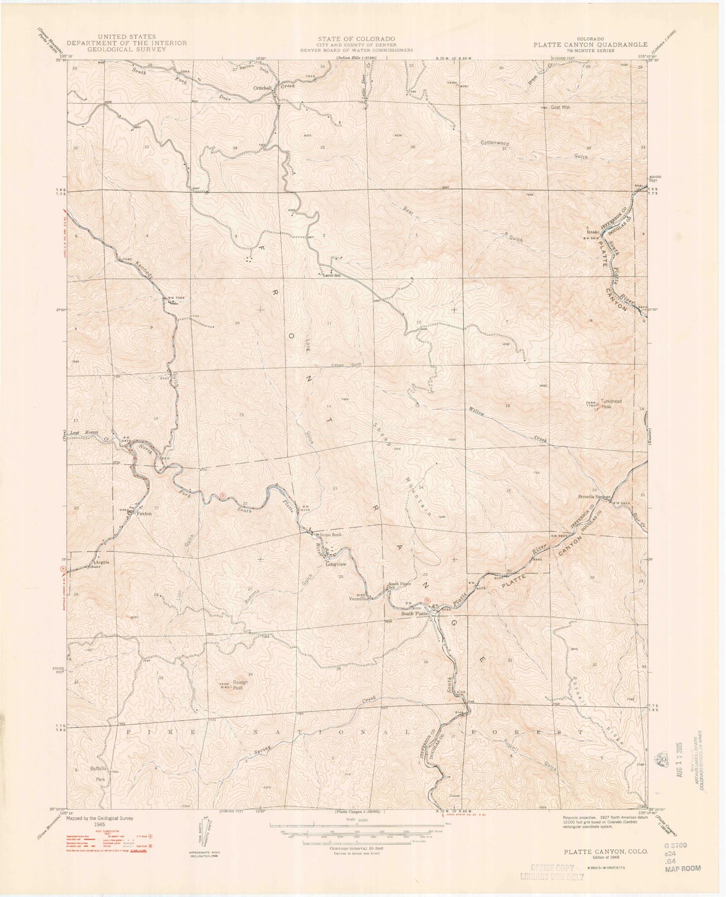 Classic USGS Platte Canyon Colorado 7.5'x7.5' Topo Map Image