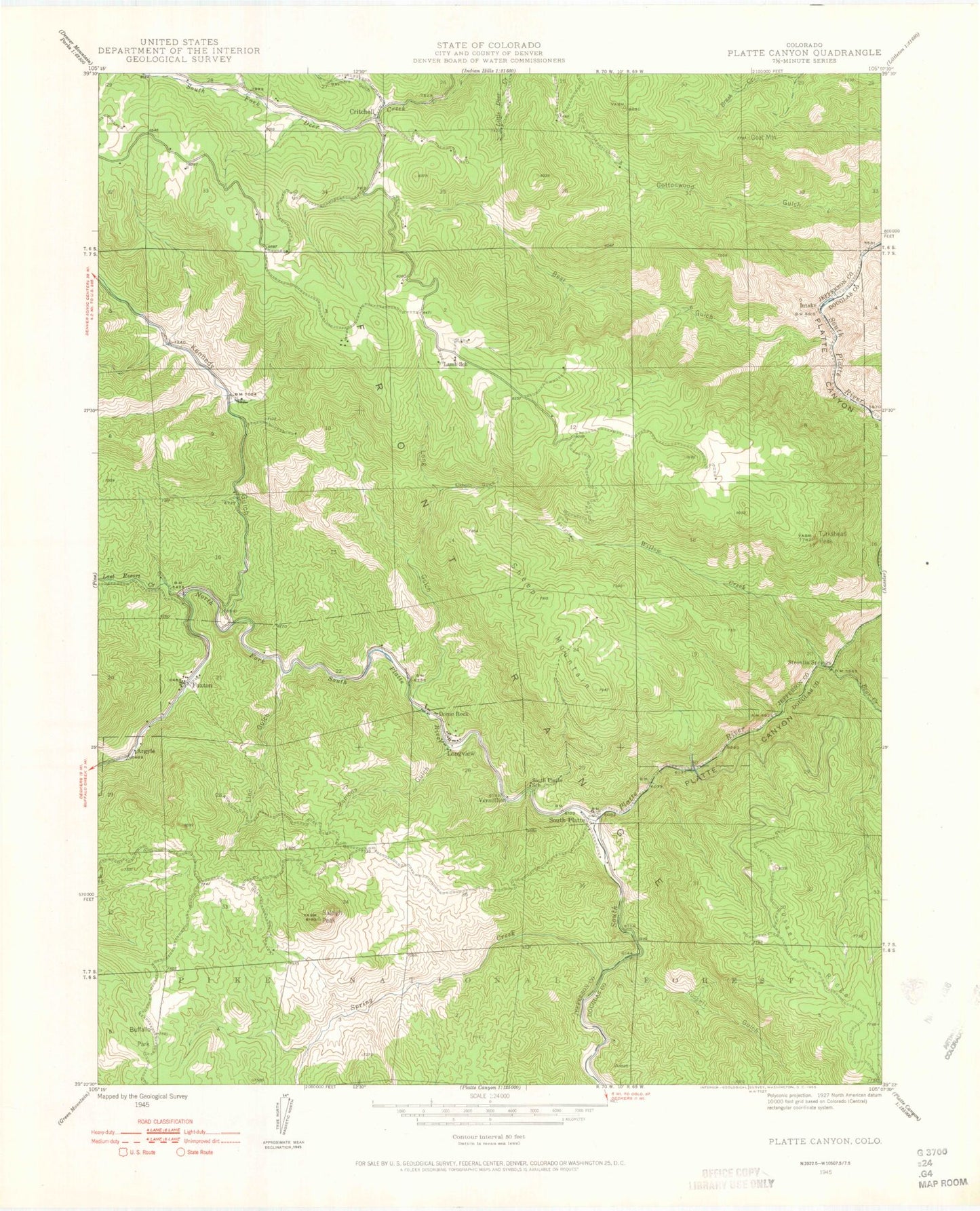 Classic USGS Platte Canyon Colorado 7.5'x7.5' Topo Map Image
