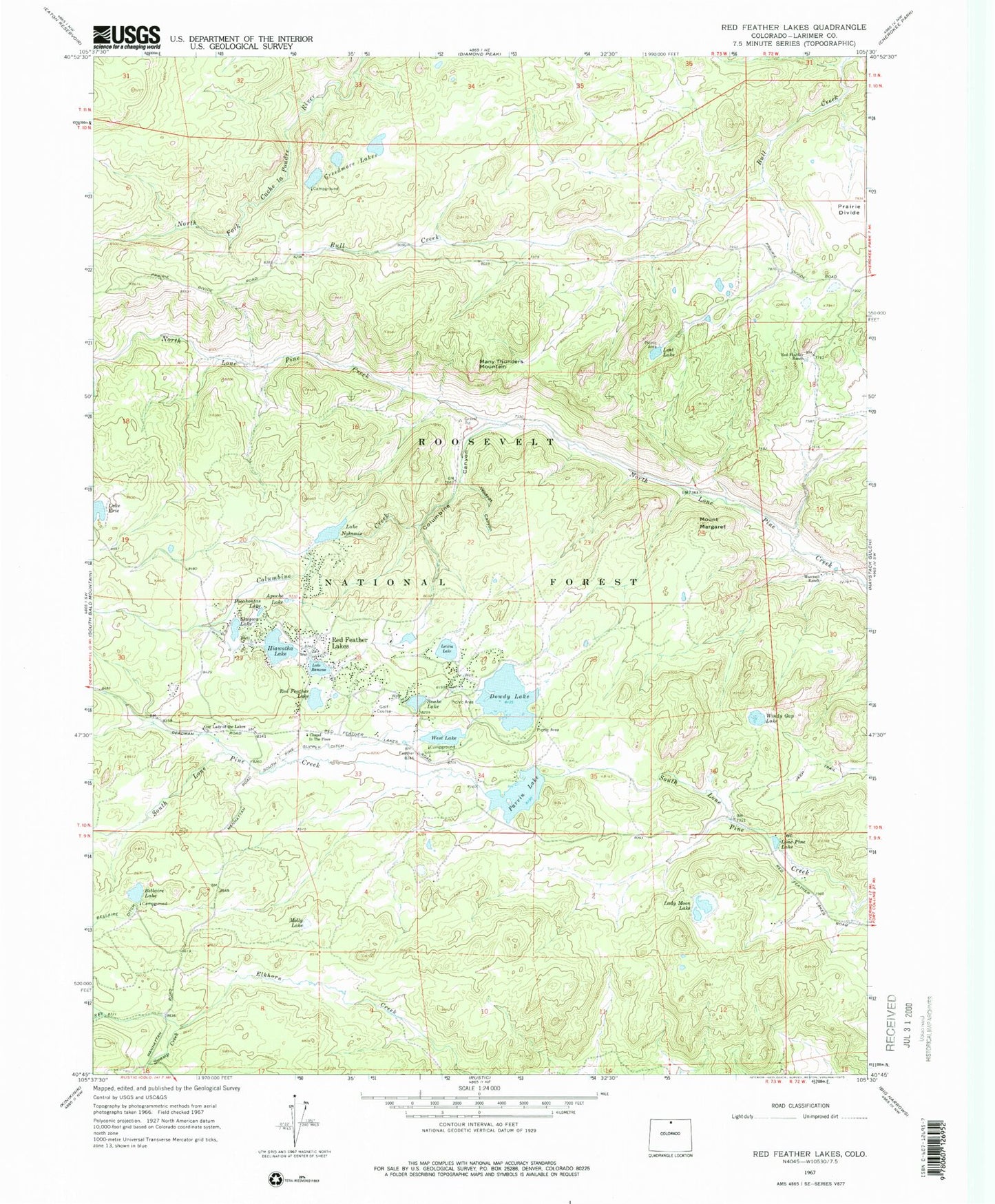 Classic USGS Red Feather Lakes Colorado 7.5'x7.5' Topo Map Image
