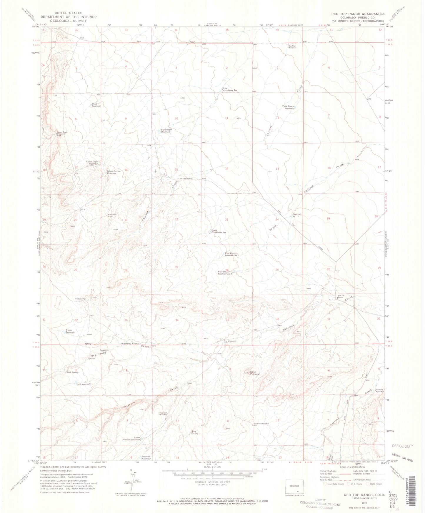 Classic USGS Red Top Ranch Colorado 7.5'x7.5' Topo Map Image