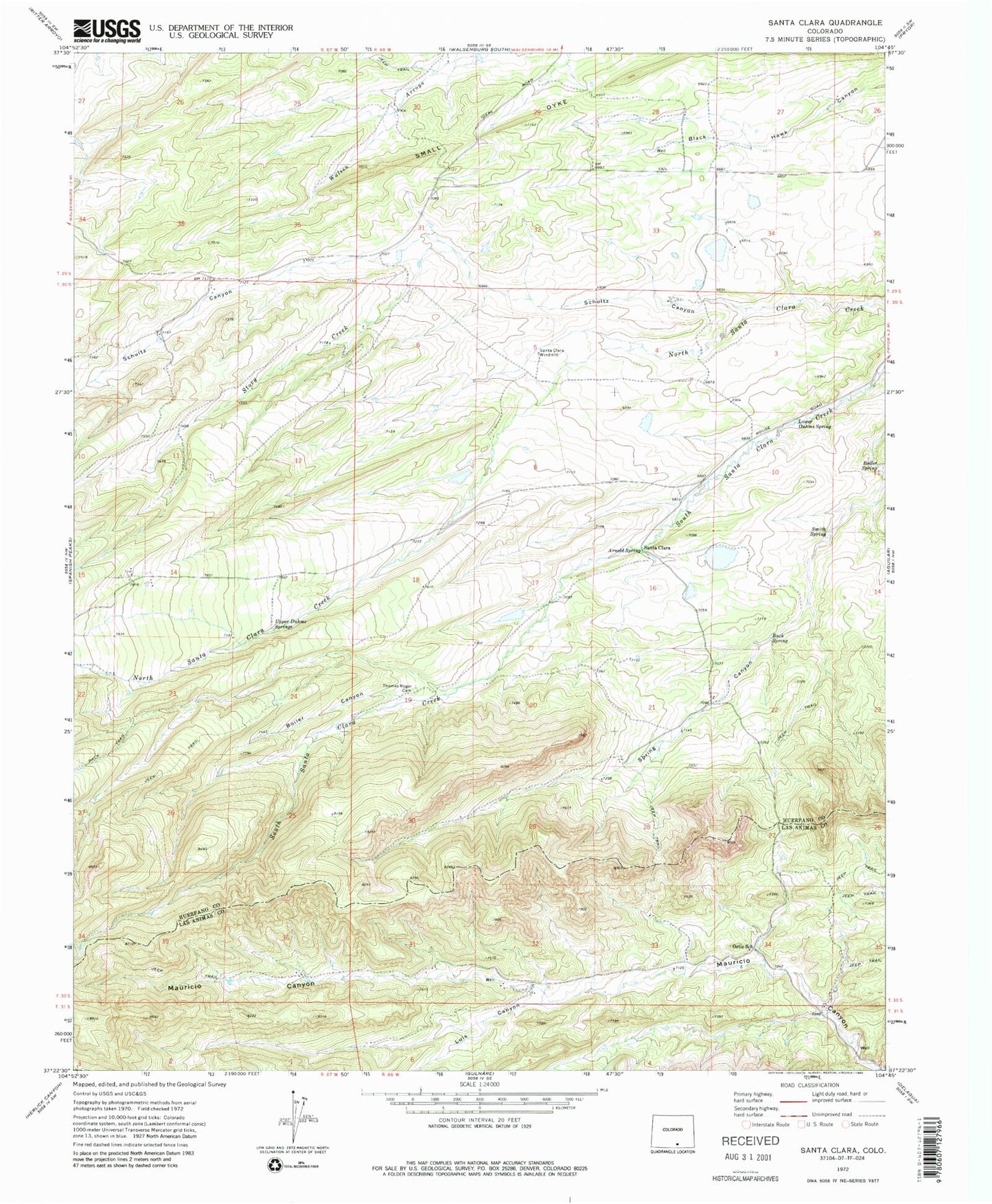 Classic USGS Santa Clara Colorado 7.5'x7.5' Topo Map Image