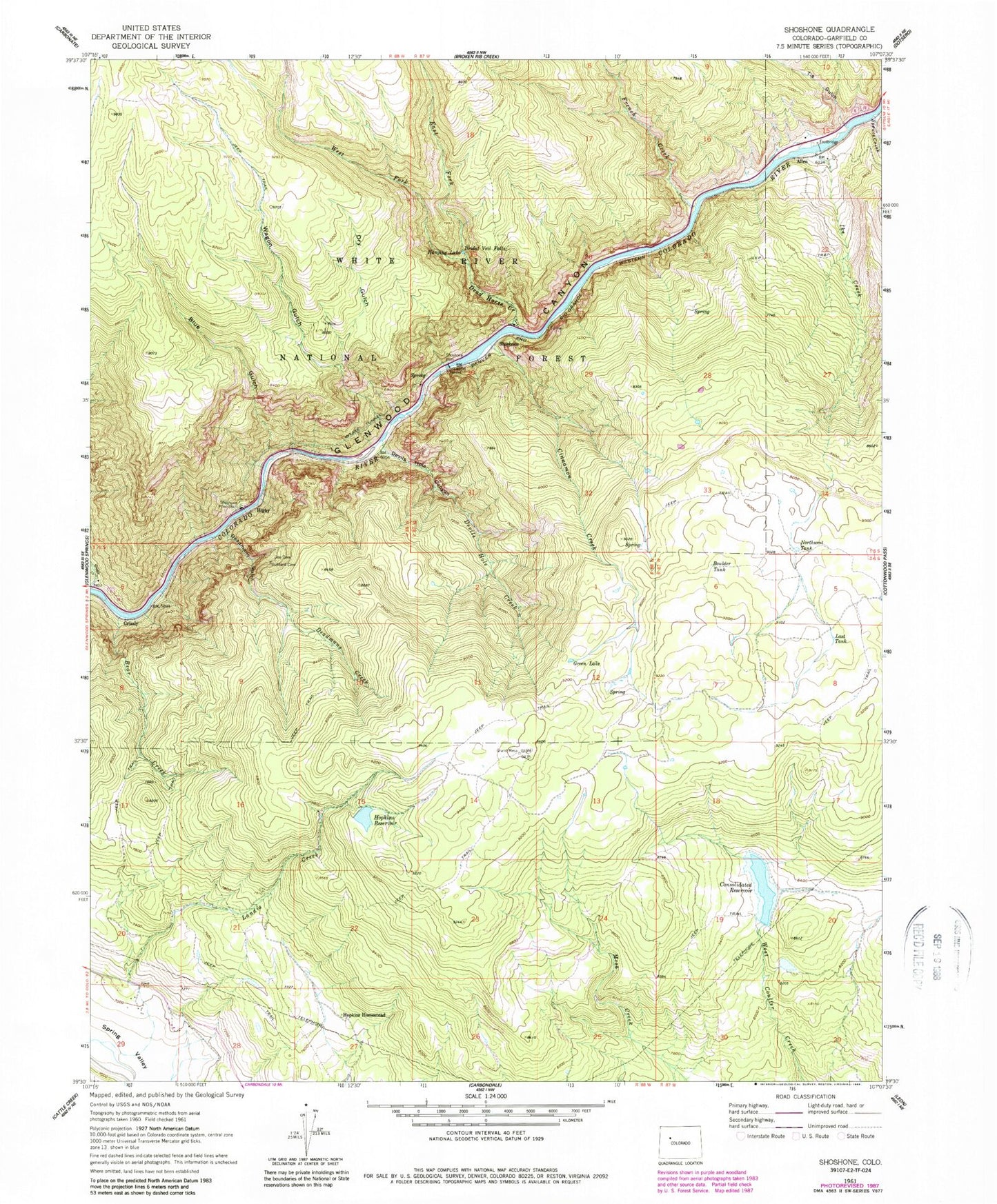 Classic USGS Shoshone Colorado 7.5'x7.5' Topo Map Image
