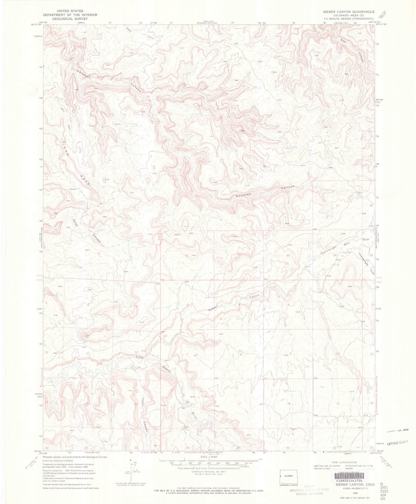 Classic USGS Sieber Canyon Colorado 7.5'x7.5' Topo Map Image