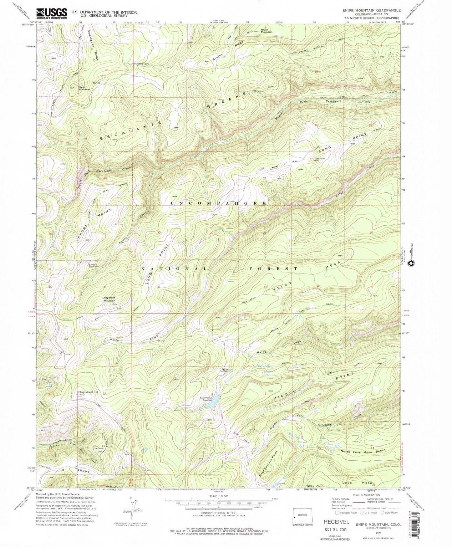 Classic USGS Snipe Mountain Colorado 7.5'x7.5' Topo Map Image
