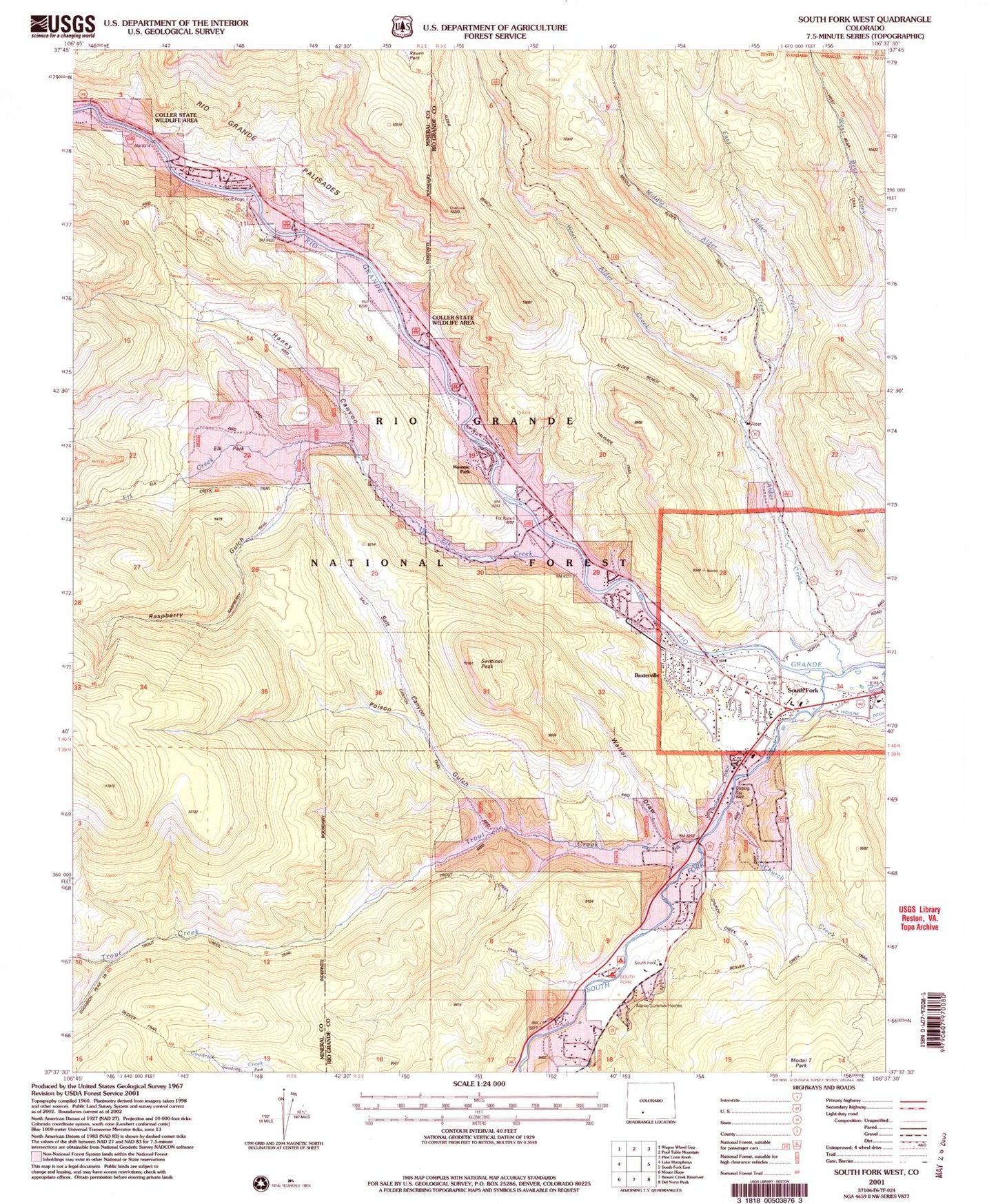 Classic USGS South Fork West Colorado 7.5'x7.5' Topo Map Image