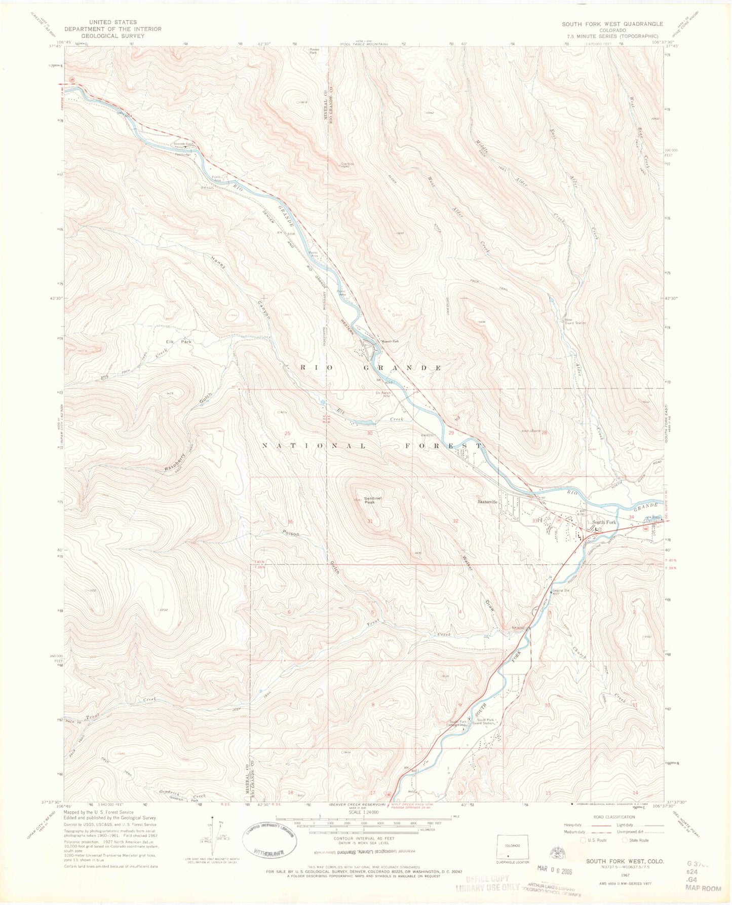 Classic USGS South Fork West Colorado 7.5'x7.5' Topo Map Image