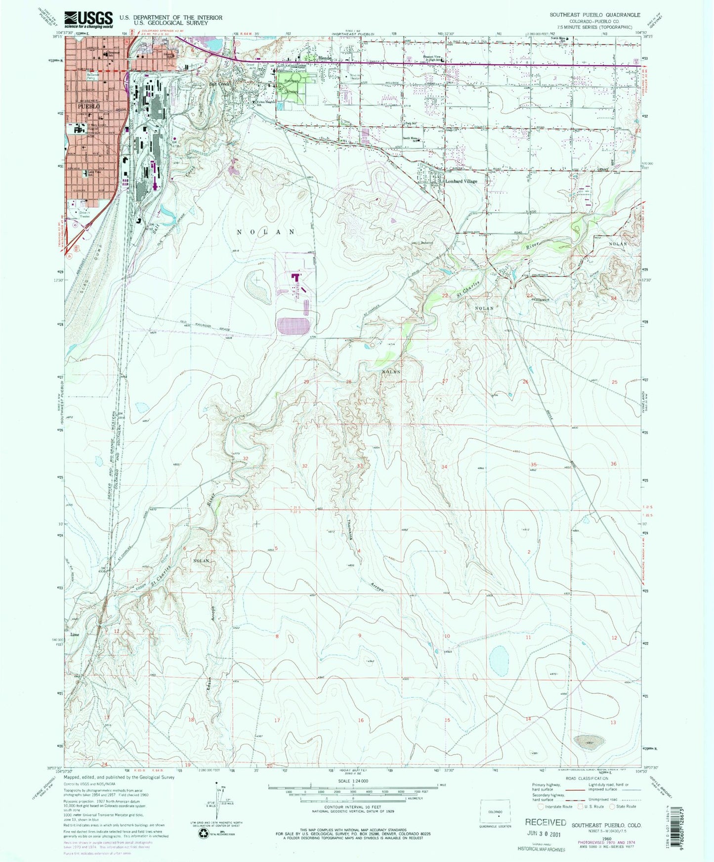 Classic USGS Southeast Pueblo Colorado 7.5'x7.5' Topo Map Image