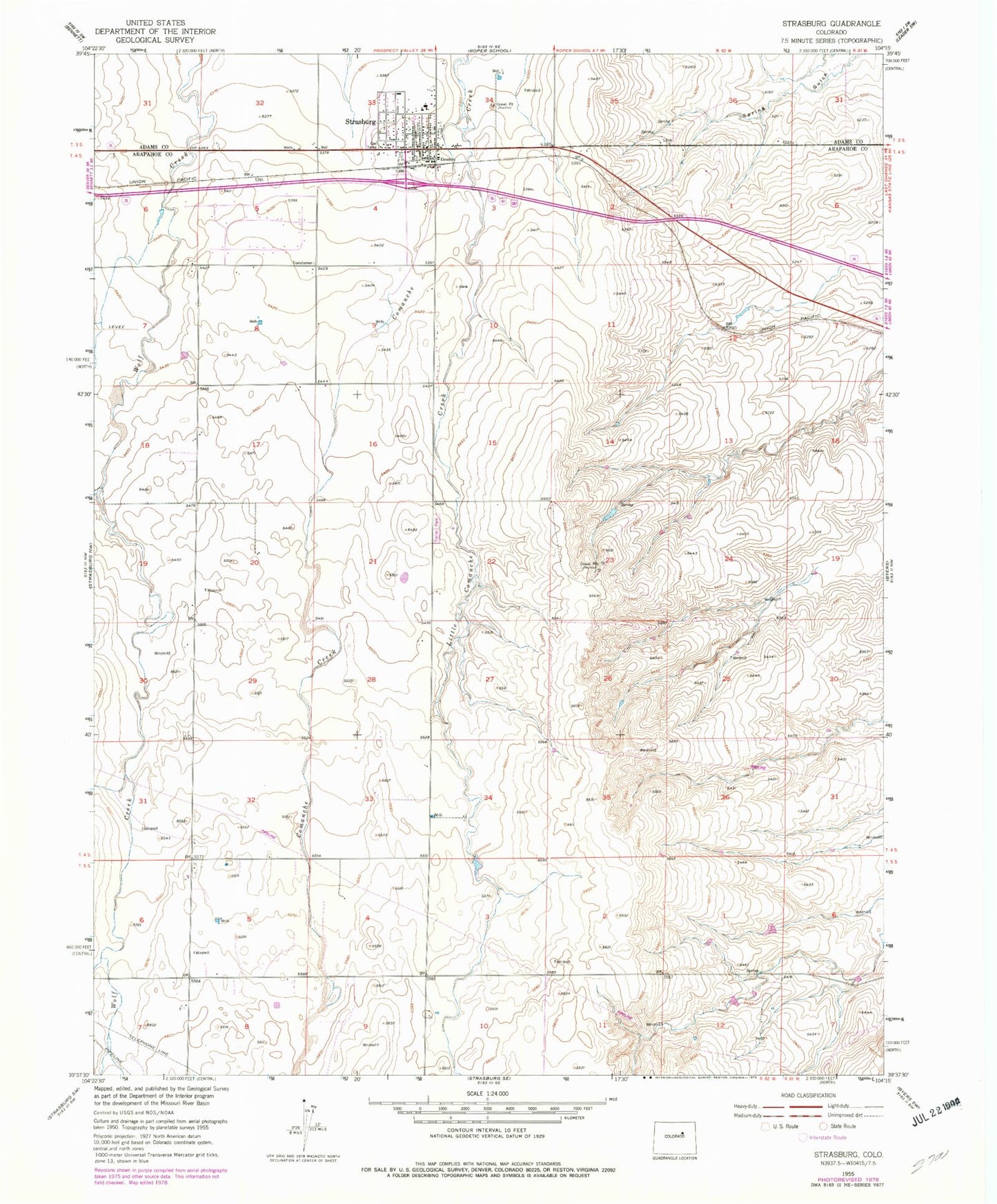 Classic USGS Strasburg Colorado 7.5'x7.5' Topo Map Image