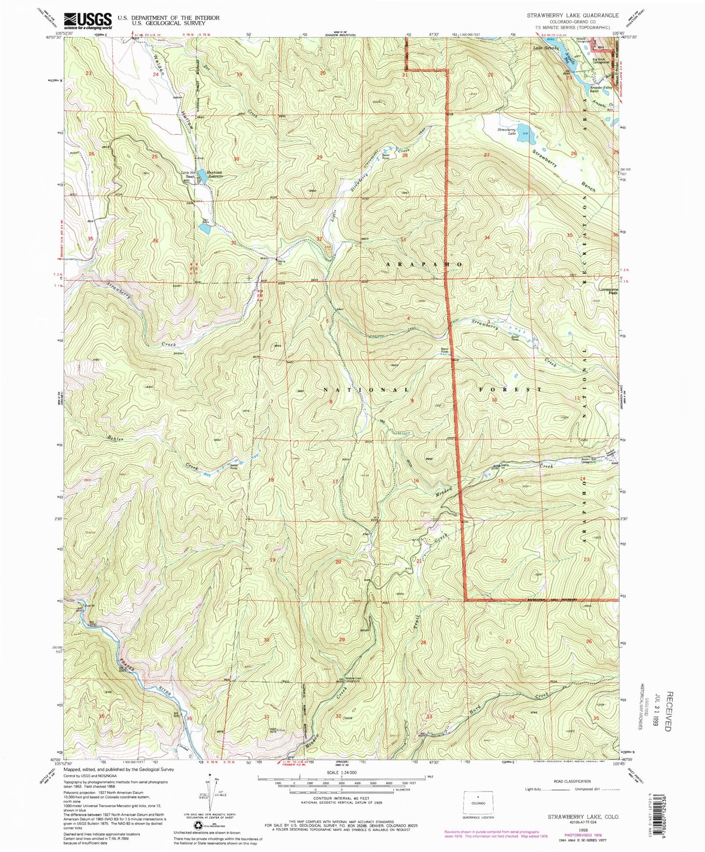 Classic USGS Strawberry Lake Colorado 7.5'x7.5' Topo Map Image