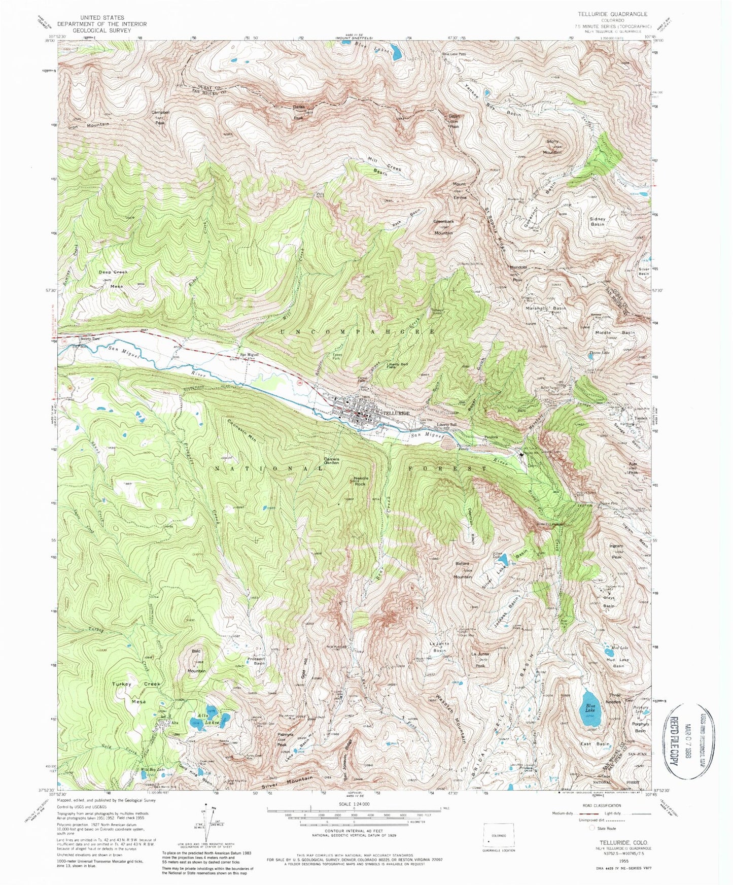 USGS Classic Telluride Colorado 7.5'x7.5' Topo Map Image