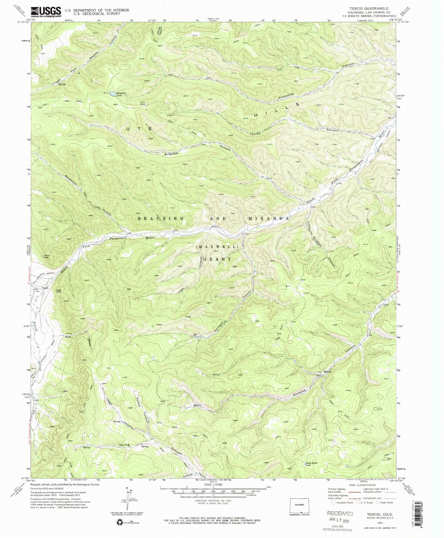Classic USGS Tercio Colorado 7.5'x7.5' Topo Map Image