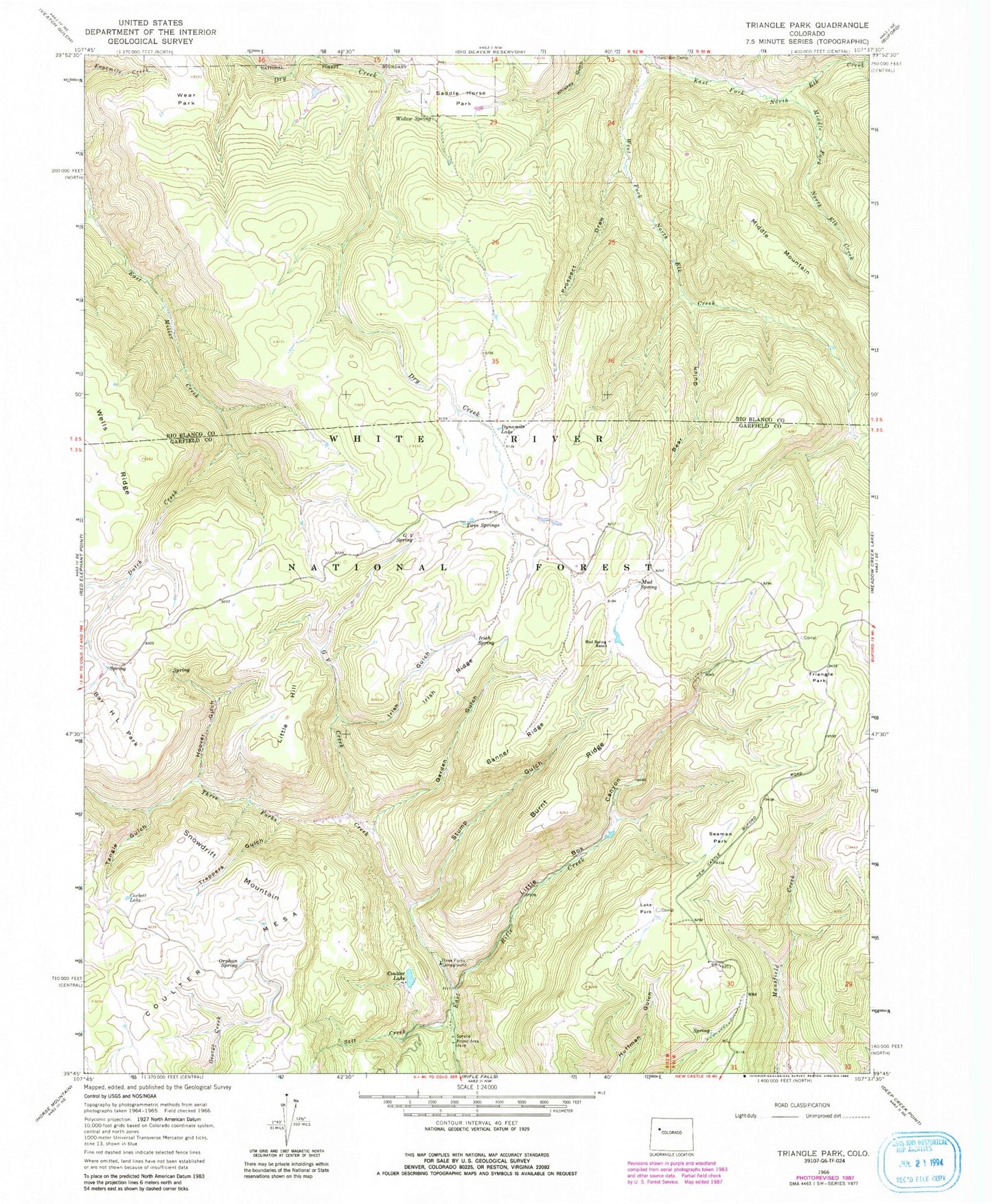 Classic USGS Triangle Park Colorado 7.5'x7.5' Topo Map Image