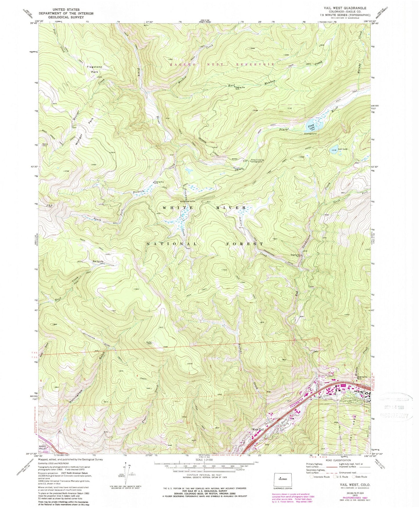 Classic USGS Vail West Colorado 7.5'x7.5' Topo Map Image
