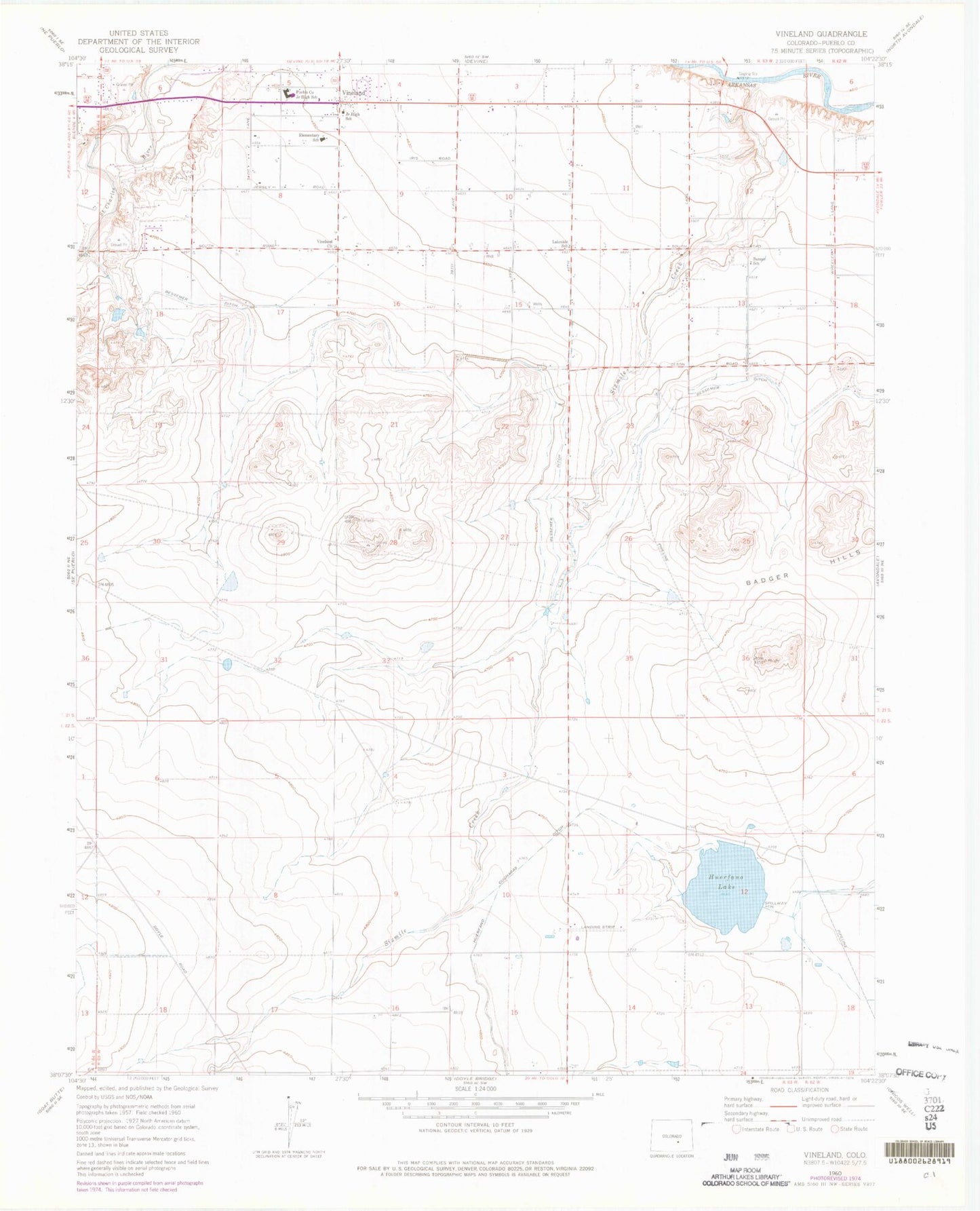 Classic USGS Vineland Colorado 7.5'x7.5' Topo Map Image