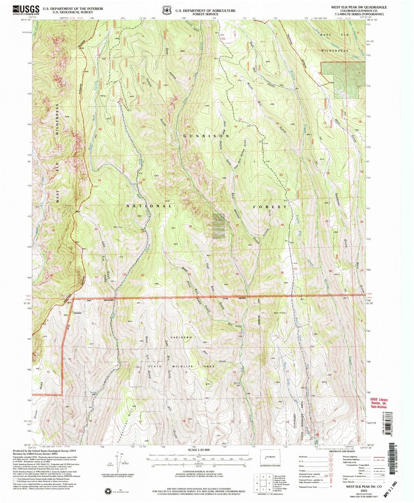 Classic USGS West Elk Peak SW Colorado 7.5'x7.5' Topo Map Image