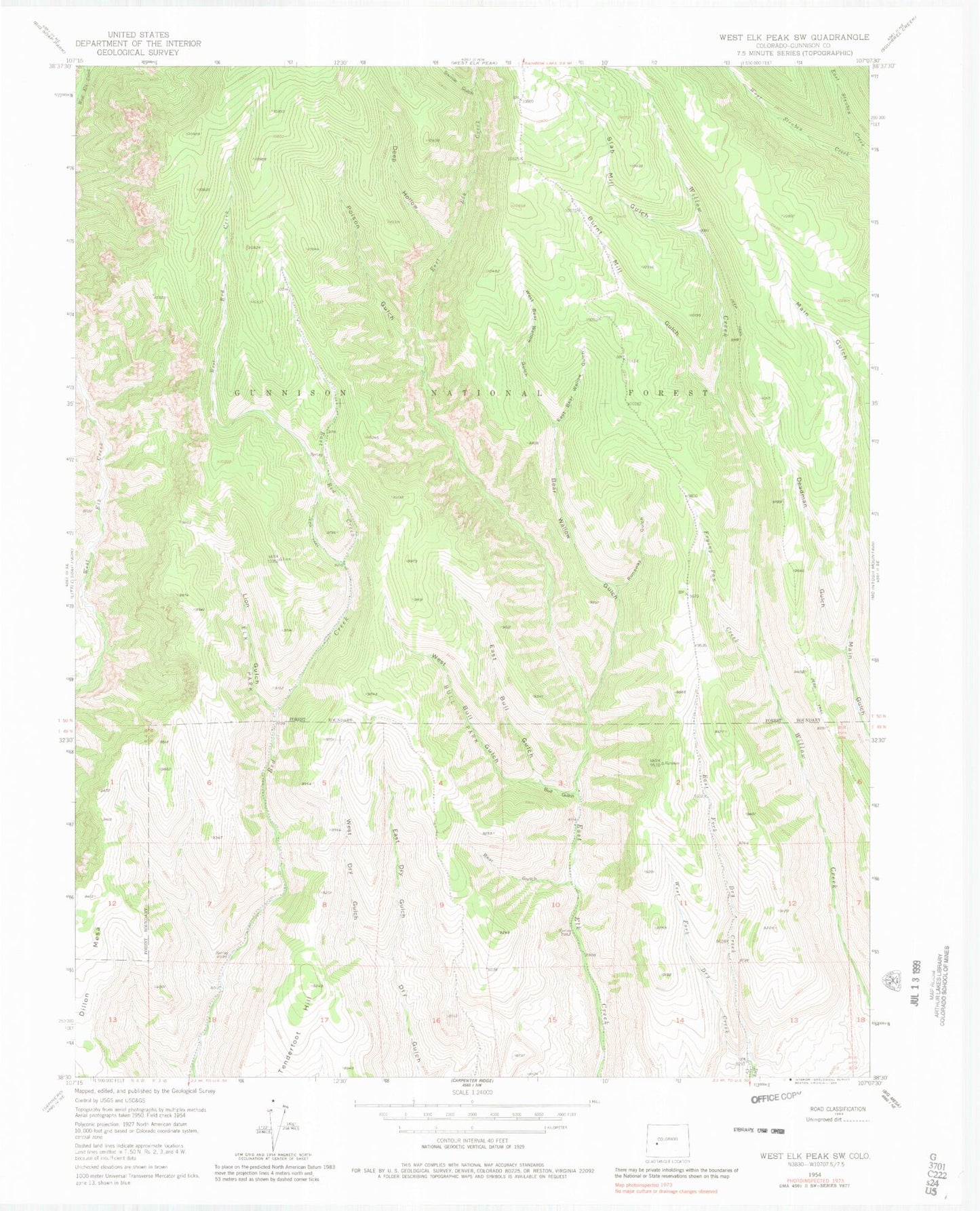 Classic USGS West Elk Peak SW Colorado 7.5'x7.5' Topo Map Image
